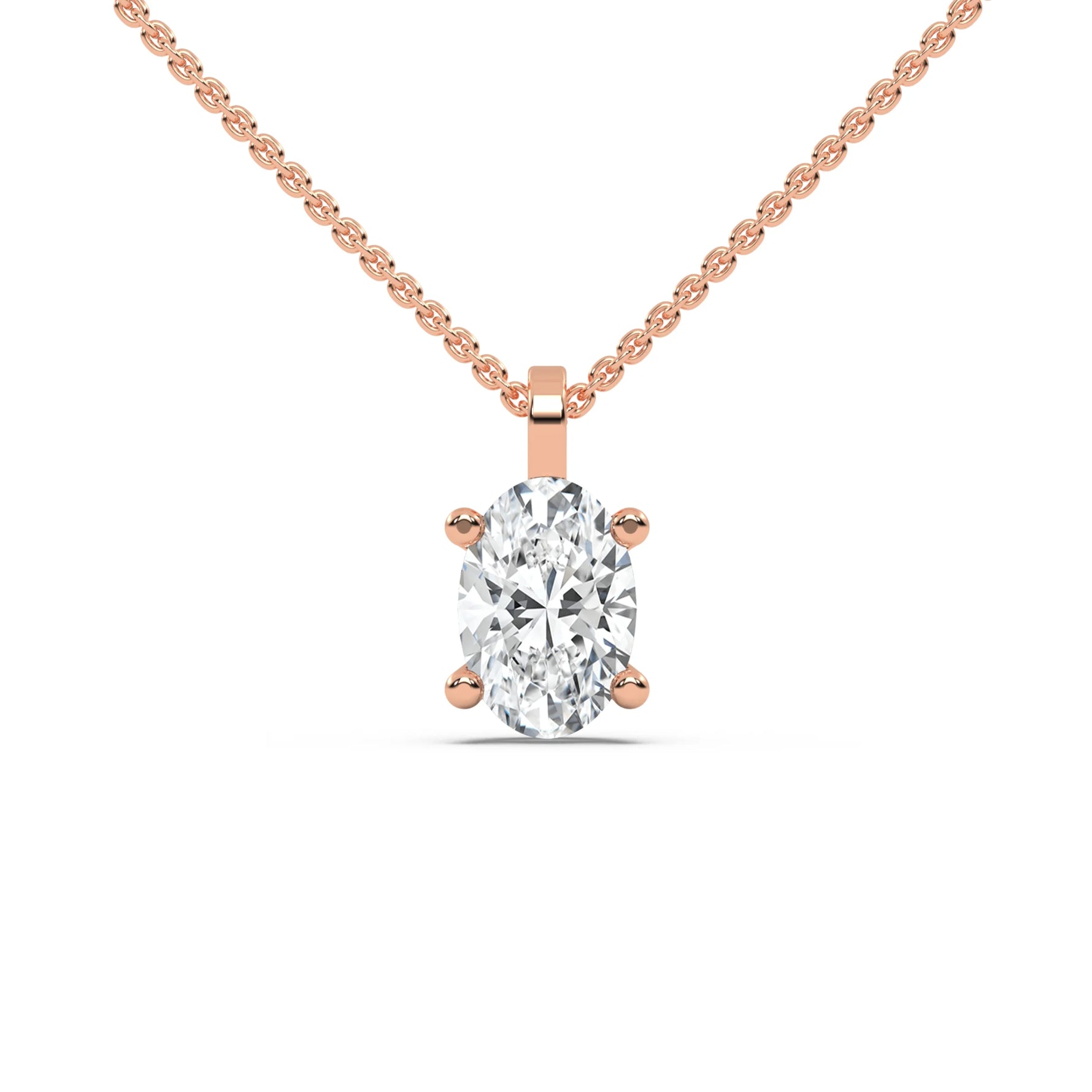 This rose gold solitaire necklace featuring an oval diamond securely set in four prongs in top view