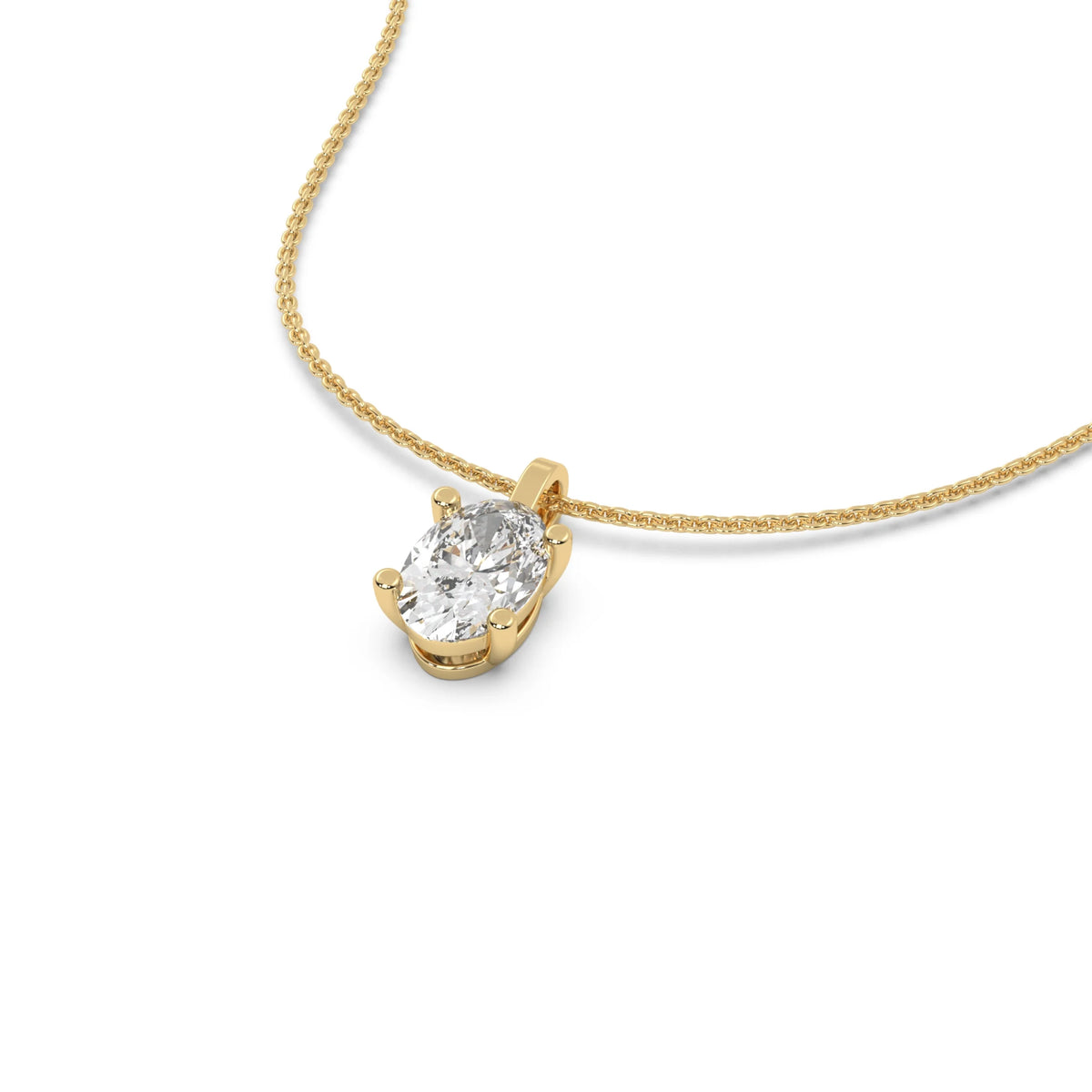 This yellow gold solitaire necklace featuring an oval diamond securely set in four prongs in 3D view