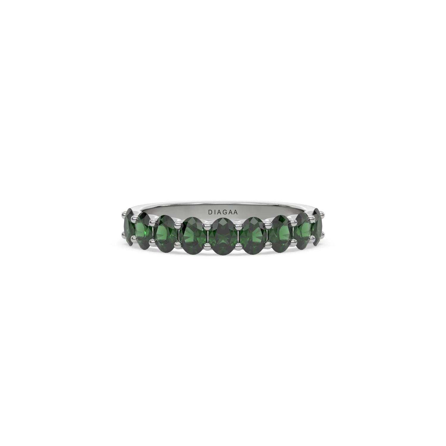 14K White Gold Oval Emerald Gemstone Half Eternity Ring