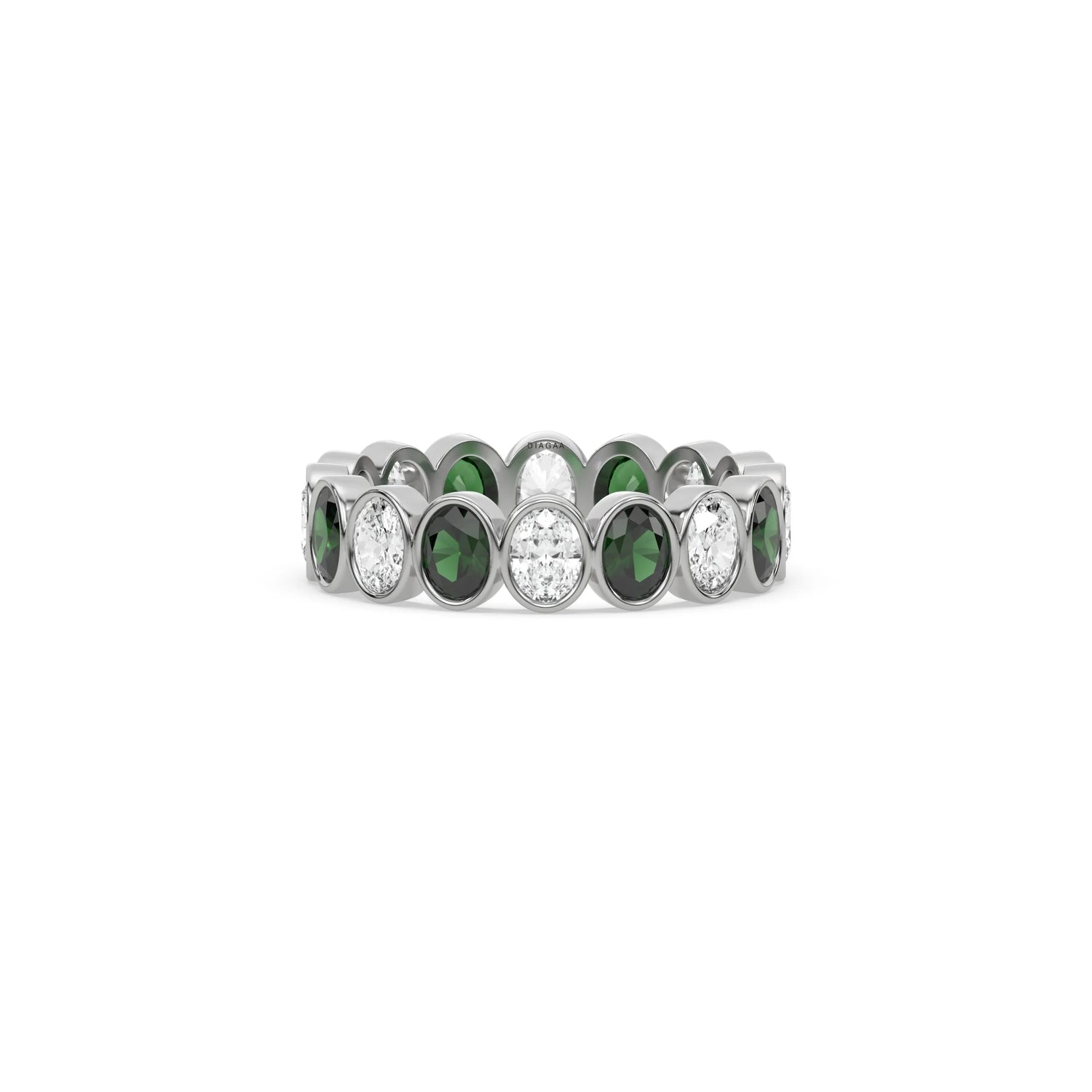 18K White Gold Oval Emerald Gemstone And Oval Diamond Full Eternity Ring