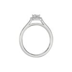 This white gold ring is made with an oval solitaire diamond set in a four-prong setting in through finger view