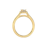 This yellow gold ring is made with an oval solitaire diamond set in a four-prong setting in through view