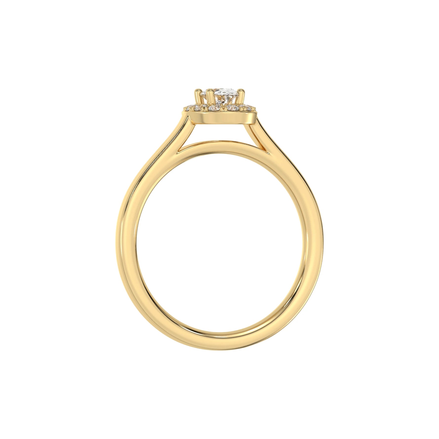 This yellow gold ring is made with an oval solitaire diamond set in a four-prong setting in through view