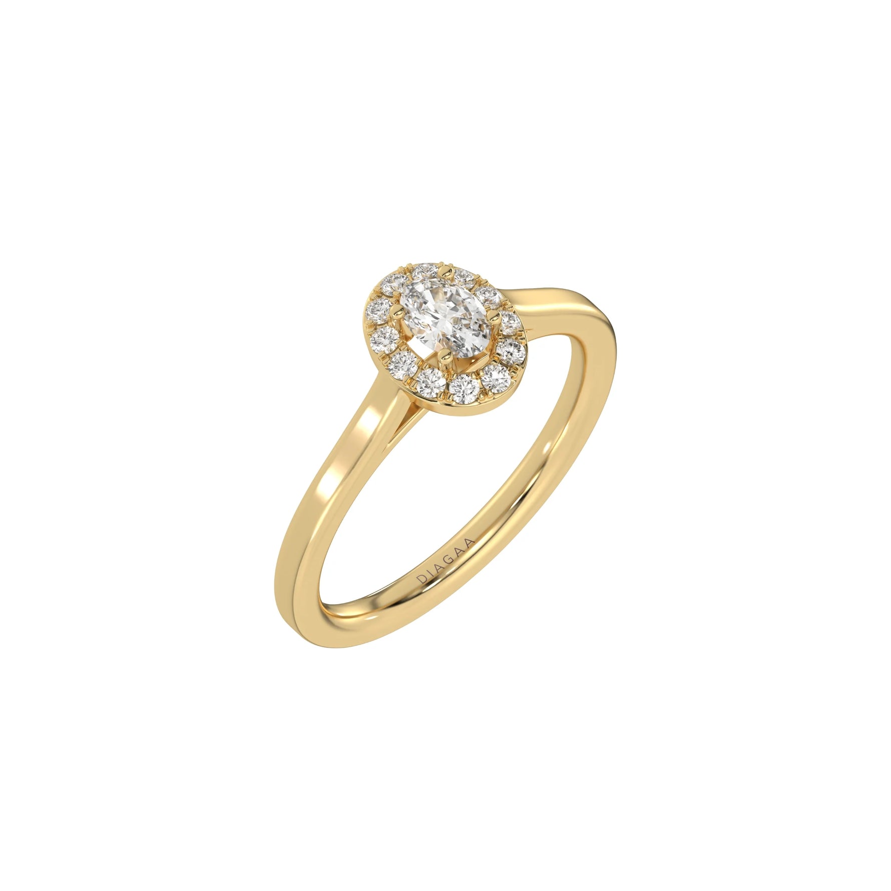 This yellow gold ring is made with an oval solitaire diamond set in a four-prong setting in 3D view