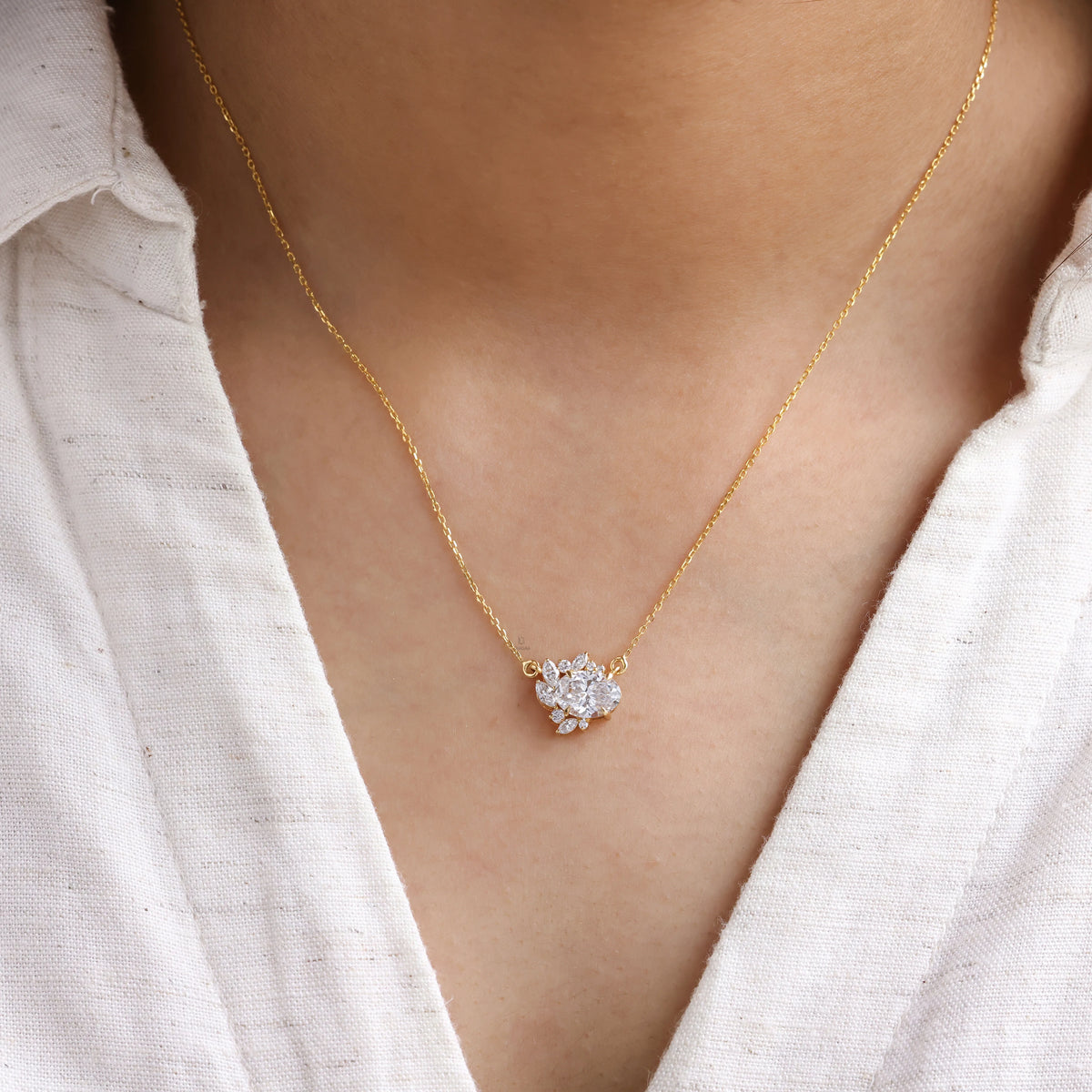 1.60 CT Lab Created Oval Shaped Diamond Cluster Necklace