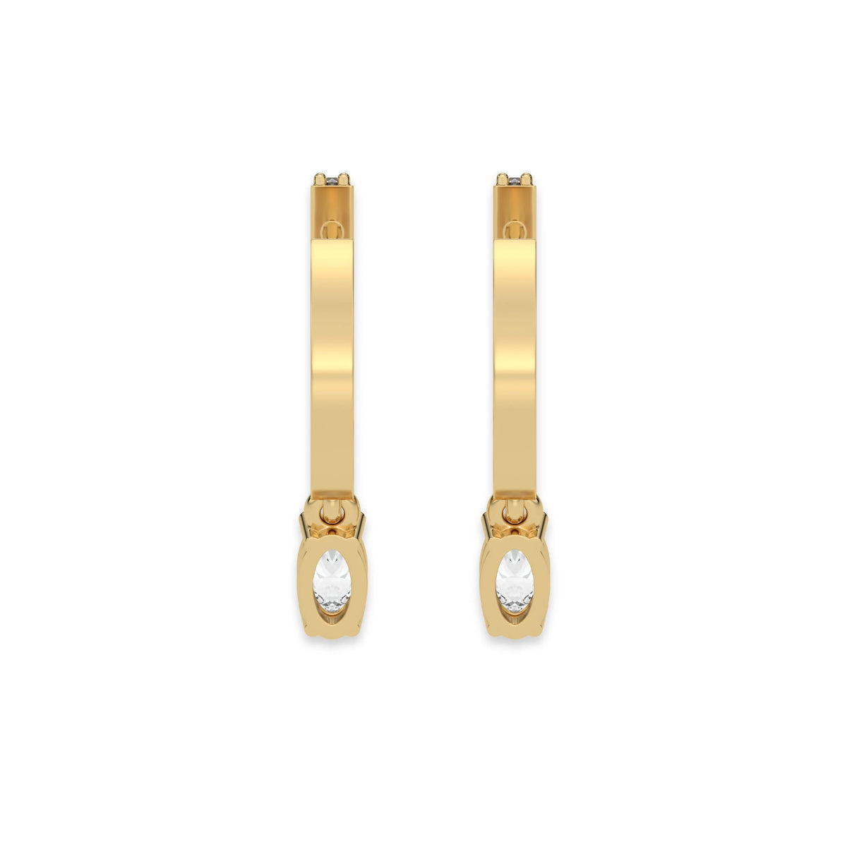 This yellow gold Dangling Oval Diamond Hoop Earrings handmade with round brilliant-cut diamonds in prong setting and an oval solitaire hanging at the bottom in back view