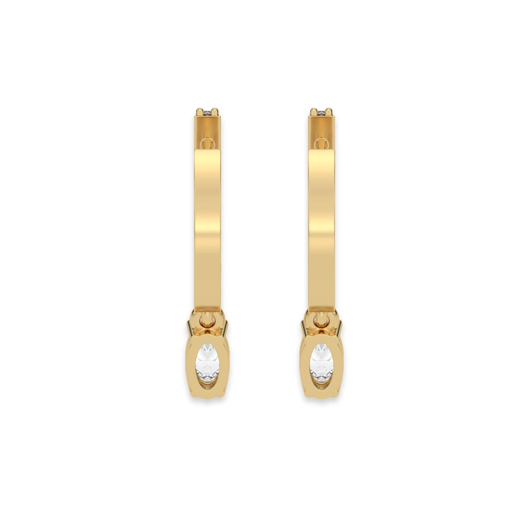 This yellow gold Dangling Oval Diamond Hoop Earrings handmade with round brilliant-cut diamonds in prong setting and an oval solitaire hanging at the bottom in back view