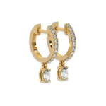 This yellow gold Dangling Oval Diamond Hoop Earrings handmade with round brilliant-cut diamonds in prong setting and an oval solitaire hanging at the bottom in side view