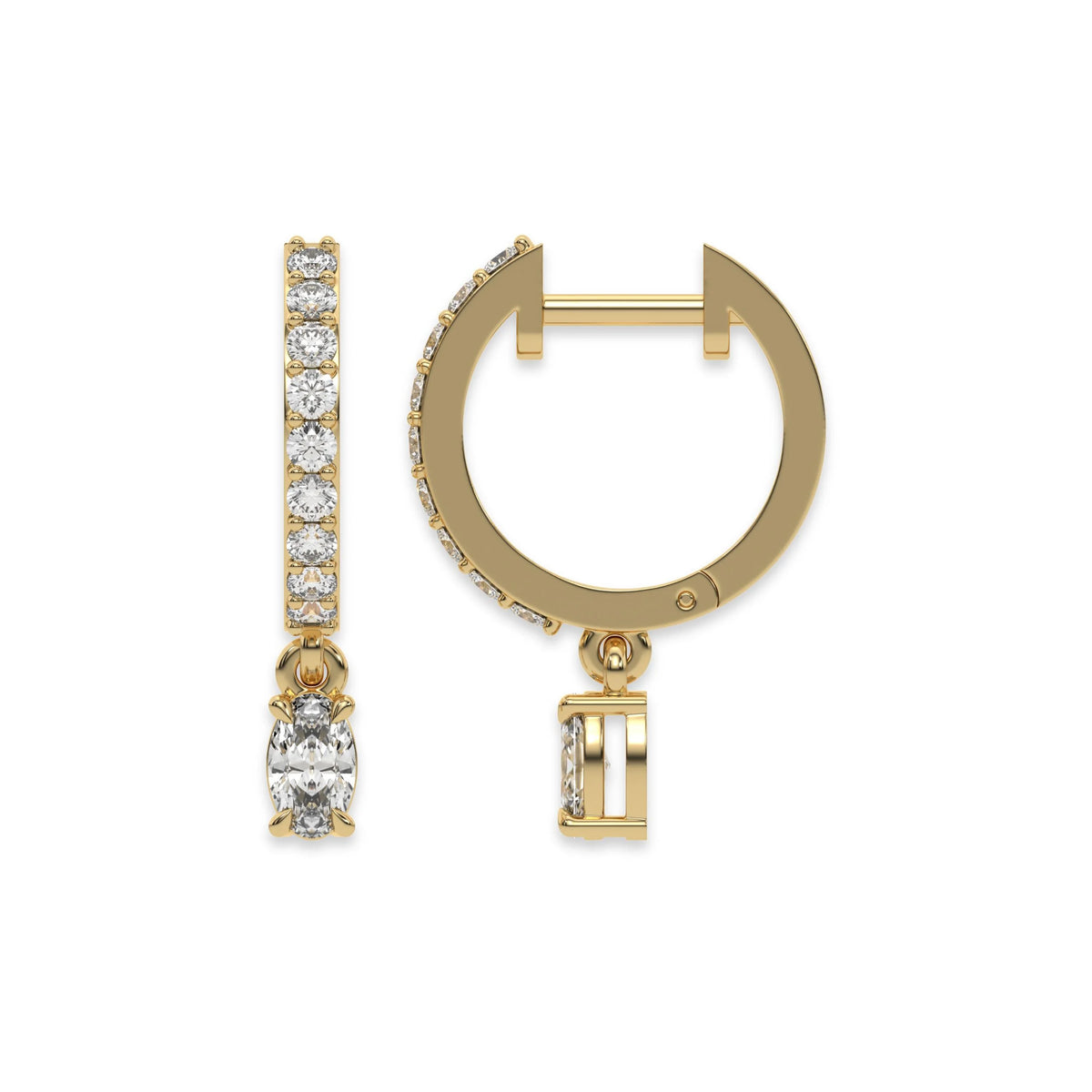 This yellow gold Dangling Oval Diamond Hoop Earrings handmade with round brilliant-cut diamonds in prong setting and an oval solitaire hanging at the bottom in top view and side view