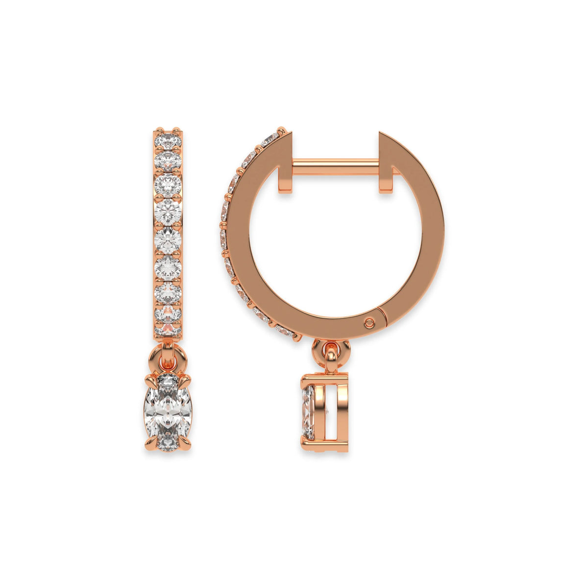 This rose gold Dangling Oval Diamond Hoop Earrings handmade with round brilliant-cut diamonds in prong setting and an oval solitaire hanging at the bottom in top view and side view