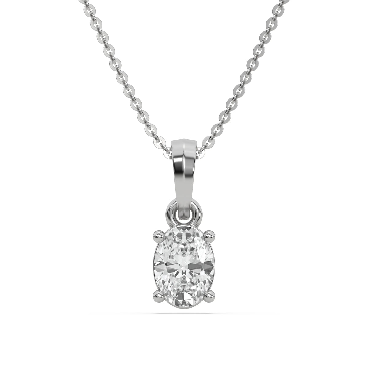 This white gold Oval Solitaire Diamond Necklace made with an oval cut diamond in a four prong setting with adjustable chain in top view