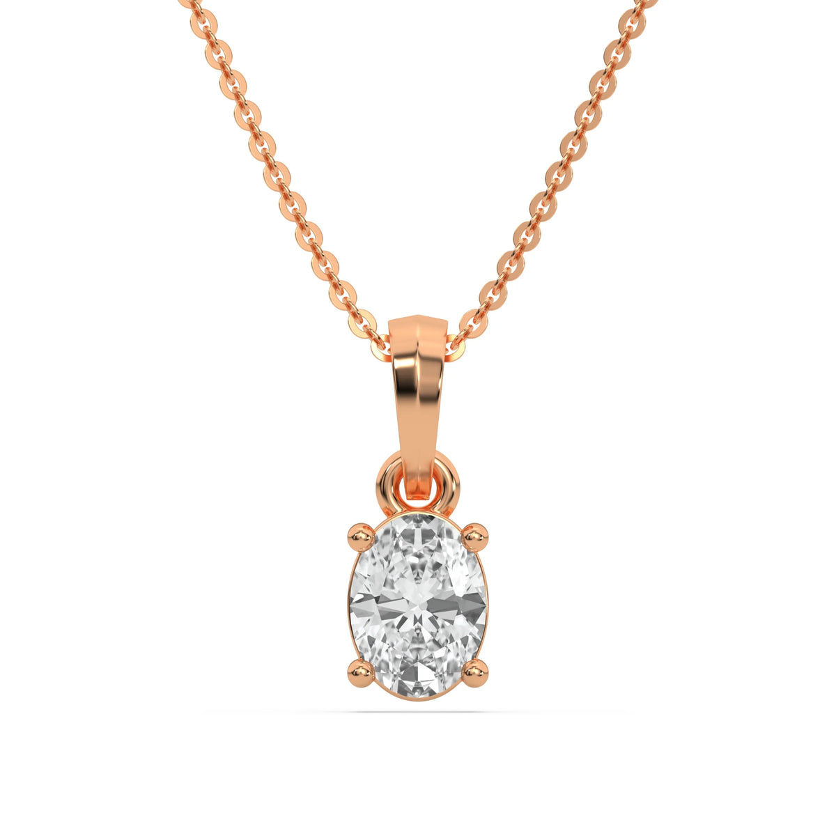 This rose gold Oval Solitaire Diamond Necklace made with an oval cut diamond in a four prong setting with adjustable chain in top view