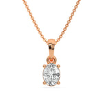 This rose gold Oval Solitaire Diamond Necklace made with an oval cut diamond in a four prong setting with adjustable chain in top view