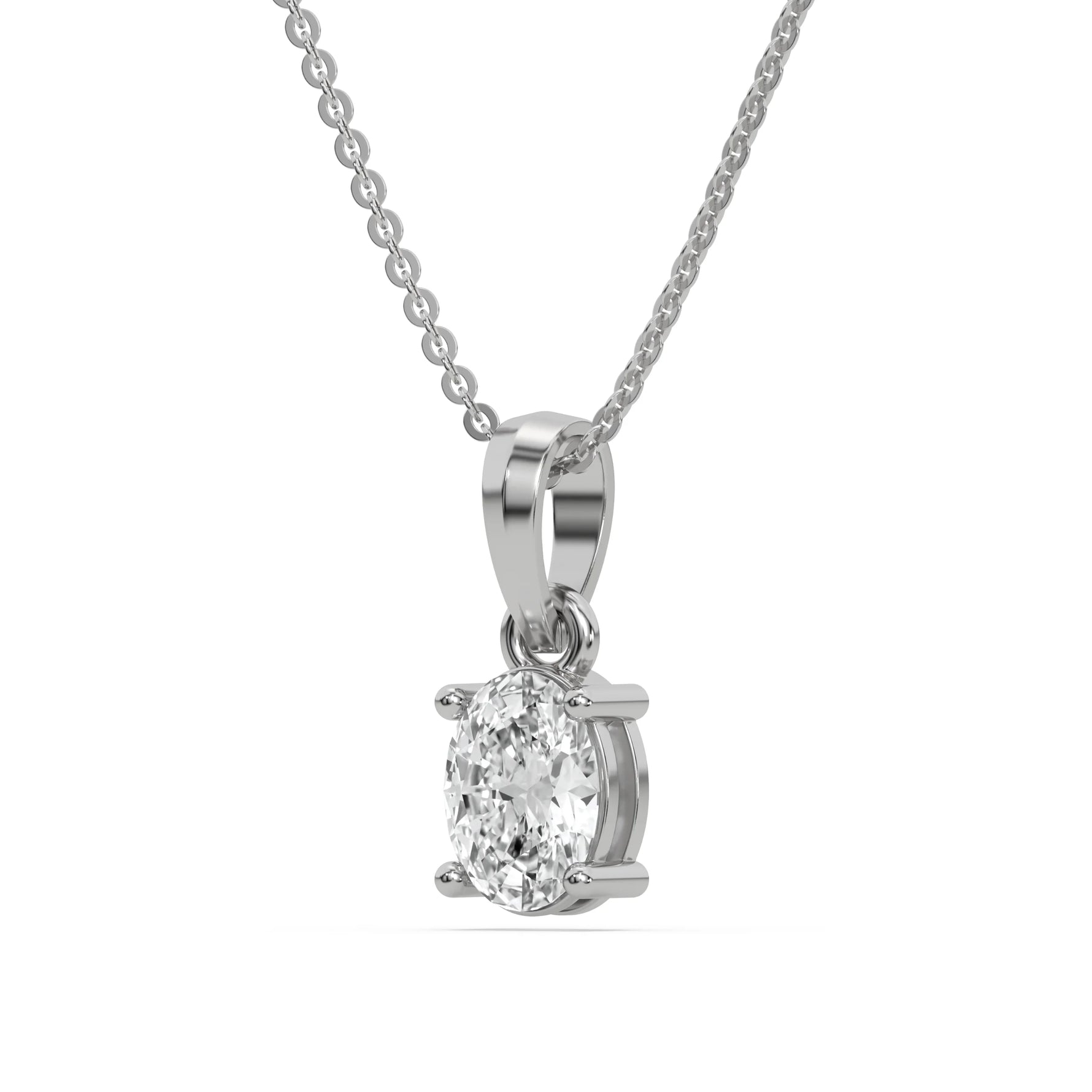 This white gold Oval Solitaire Diamond Necklace made with an oval cut diamond in a four prong setting with adjustable chain in side view