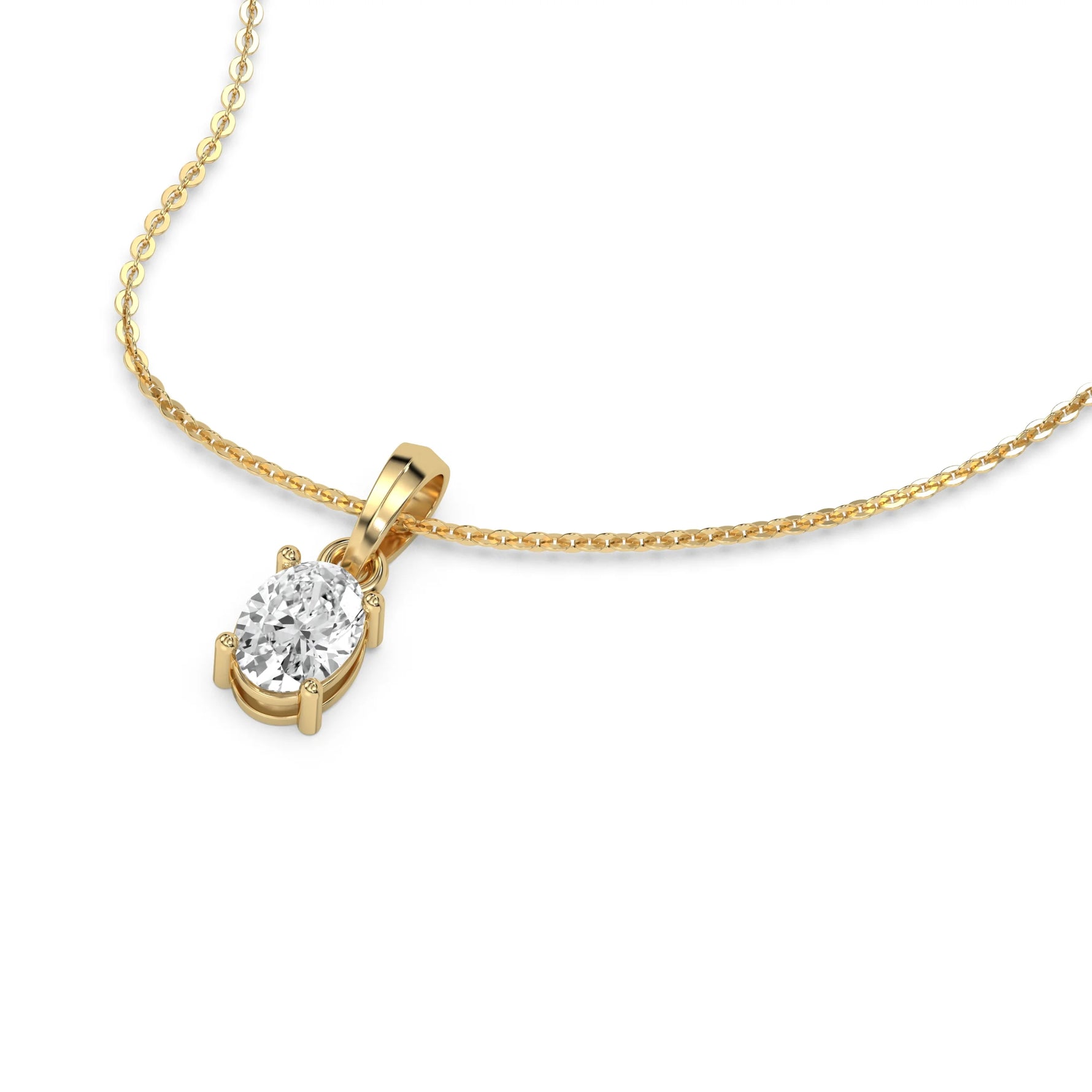 This yellow gold Oval Solitaire Diamond Necklace made with an oval cut diamond in a four prong setting with adjustable chain in 3d view