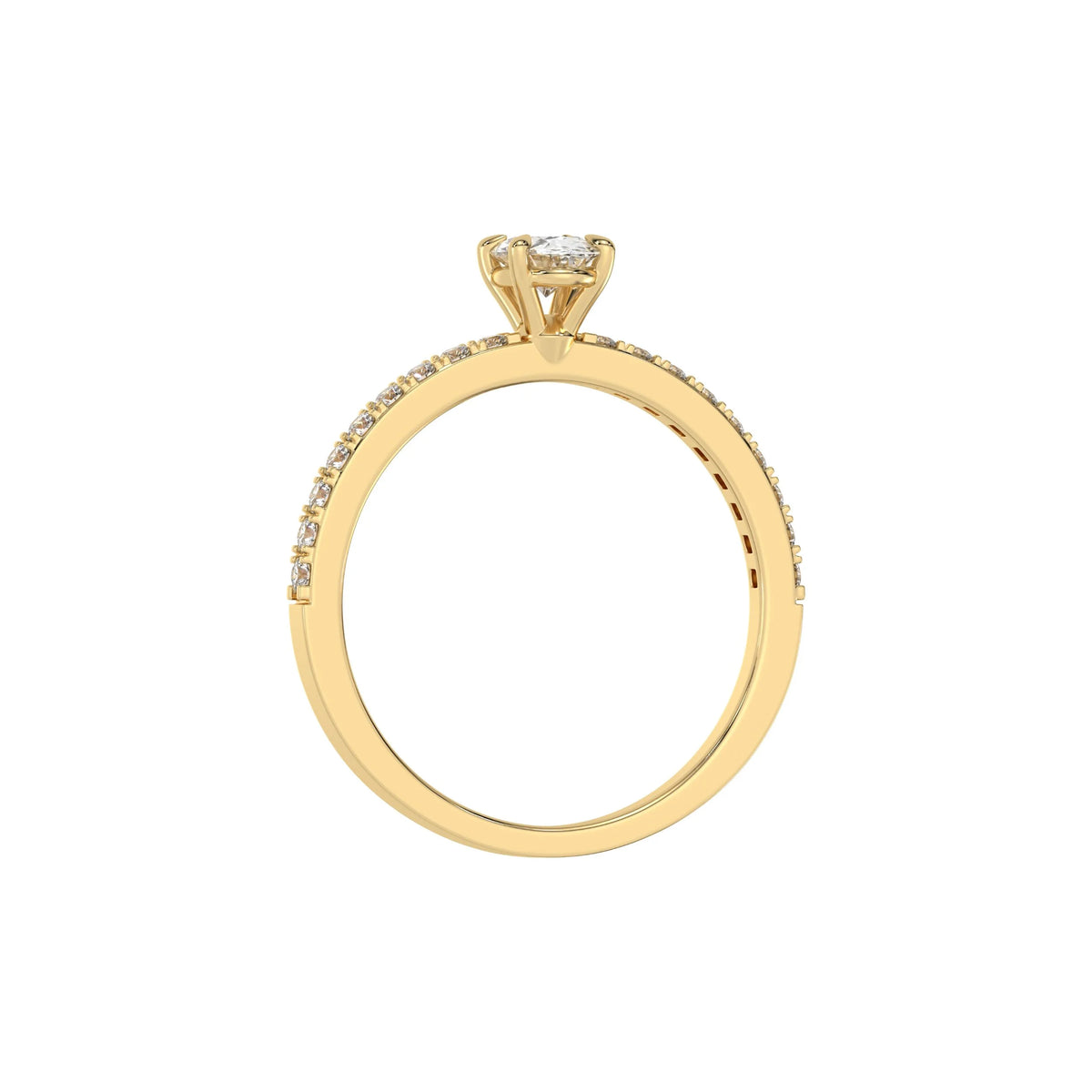 This yellow gold ring is made with an oval solitaire diamond set in four-prong setting, and is complemented by a round pave diamonds band in through finger view