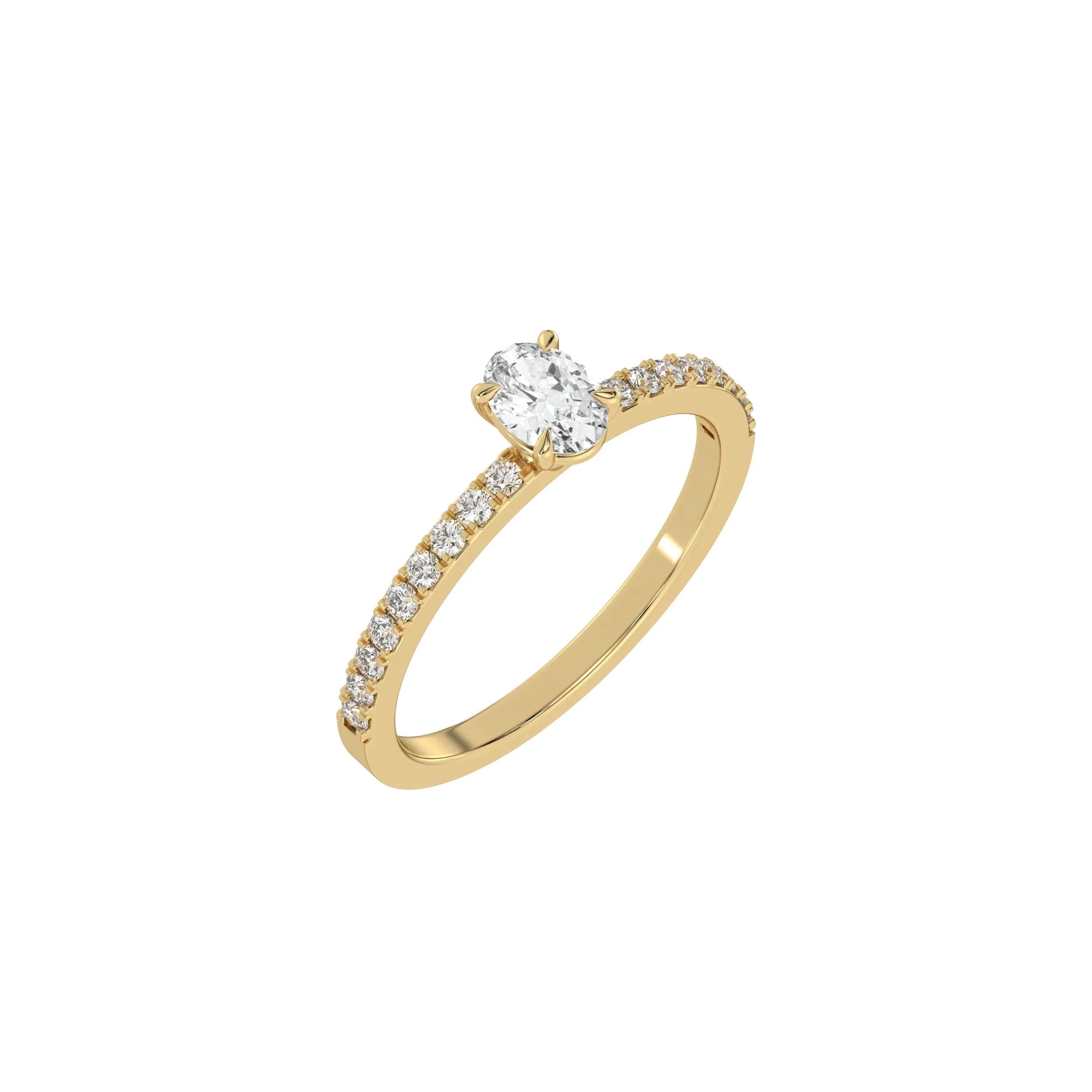 This yellow gold ring is made with an oval solitaire diamond set in four-prong setting, and is complemented by a round pave diamonds band in 3D view