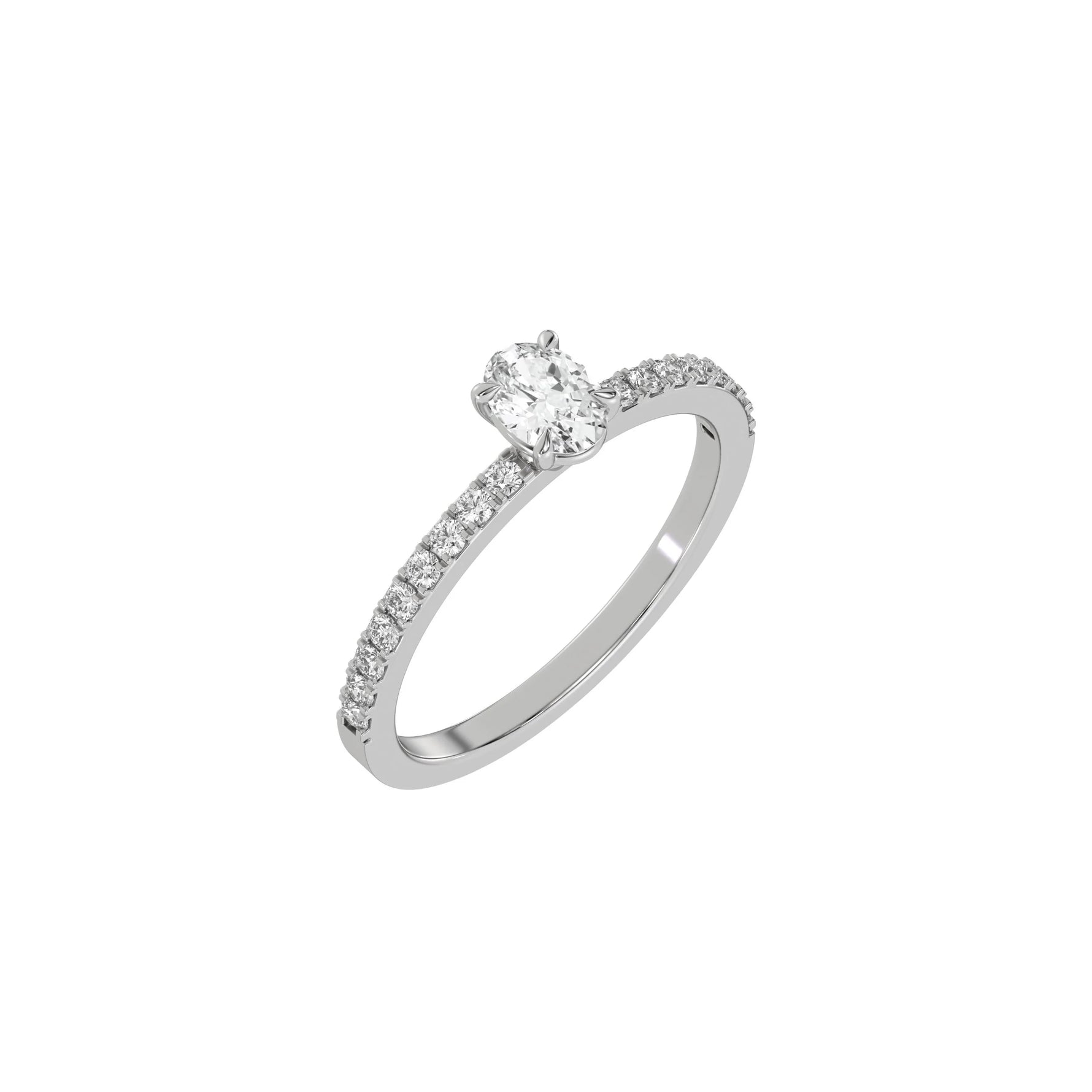 This white gold ring is made with an oval solitaire diamond set in four-prong setting, and is complemented by a round pave diamonds band in 3D view