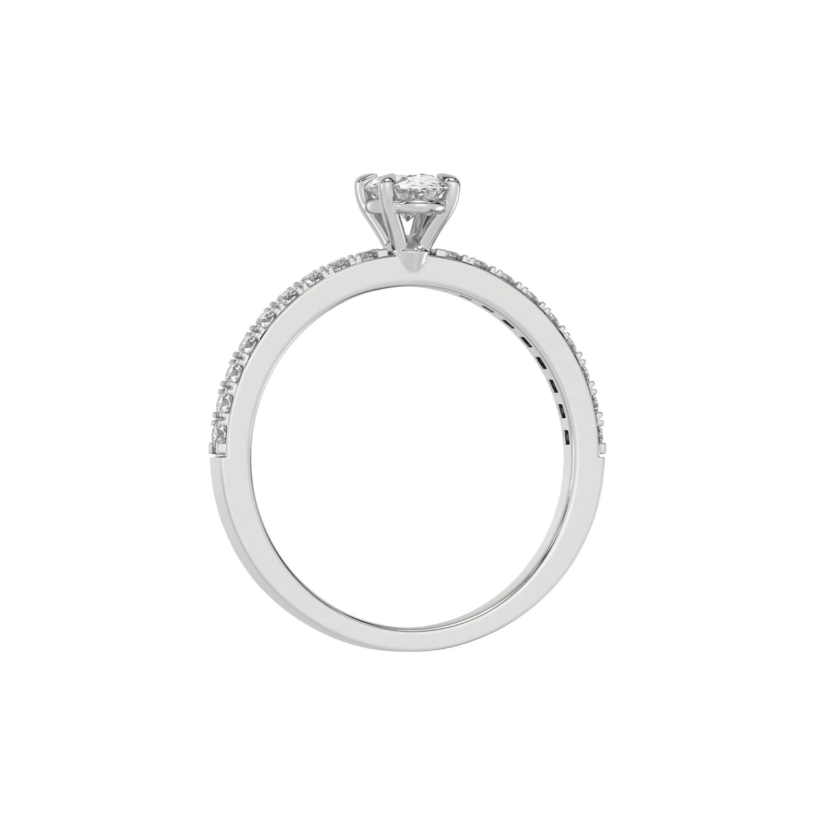 This white gold ring is made with an oval solitaire diamond set in four-prong setting, and is complemented by a round pave diamonds band in through finger view