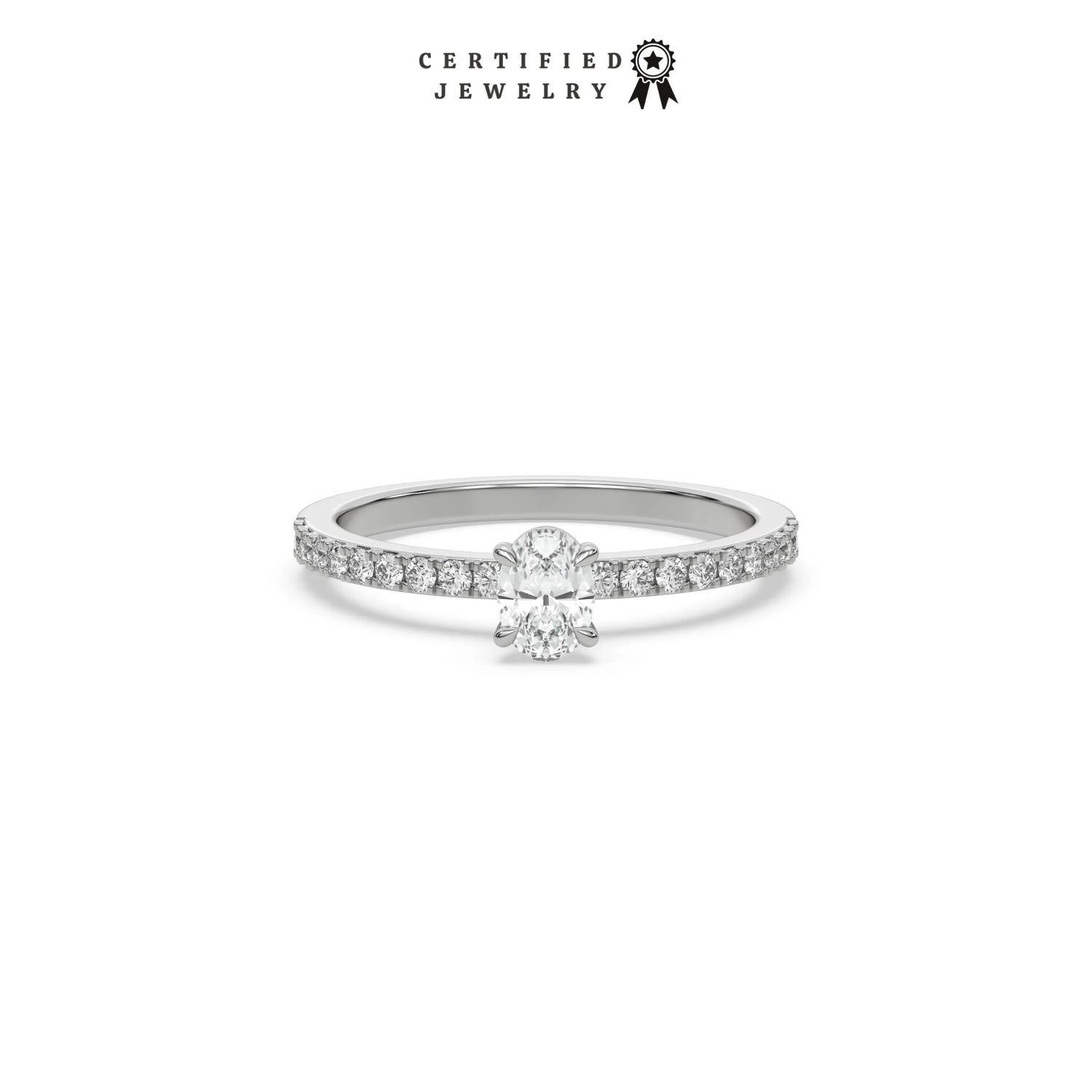 This white gold ring displayed in front view is made with a oval solitaire diamond set in four-prong setting