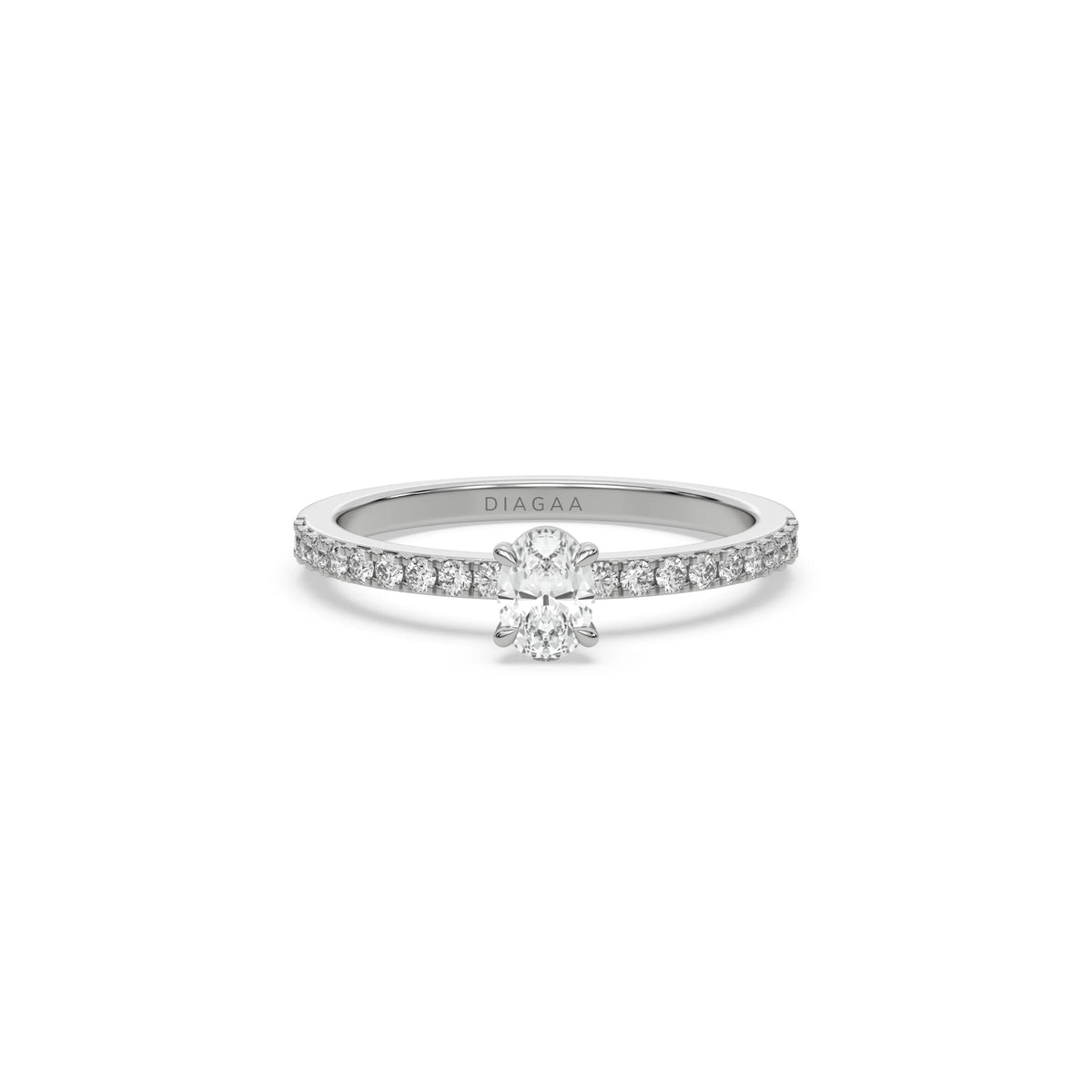 This white gold ring displayed in front view is made with a oval solitaire diamond set in four-prong setting