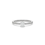 This white gold ring displayed in front view is made with a oval solitaire diamond set in four-prong setting