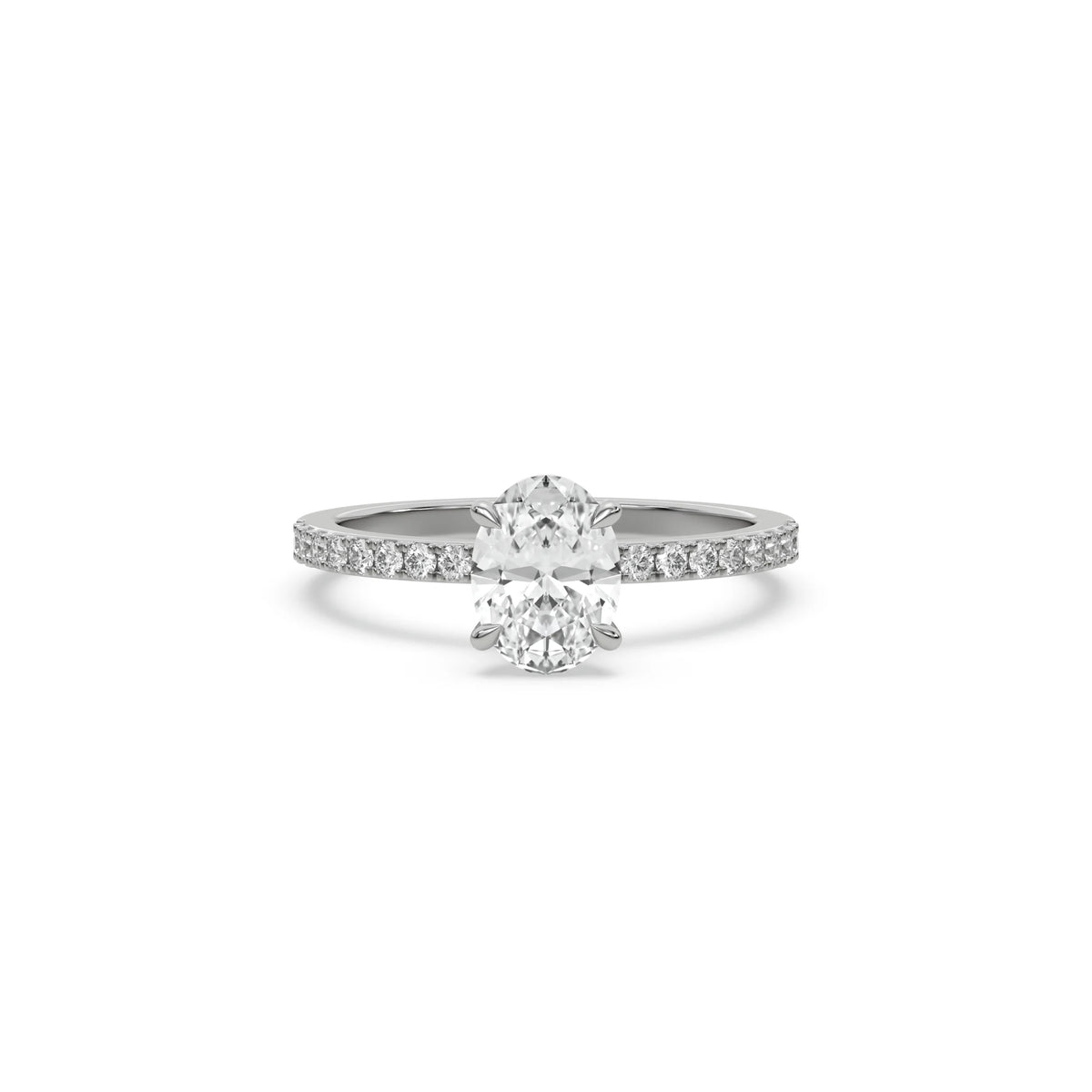 This white gold ring displayed in front view is made with a oval solitaire diamond set in four-prong setting