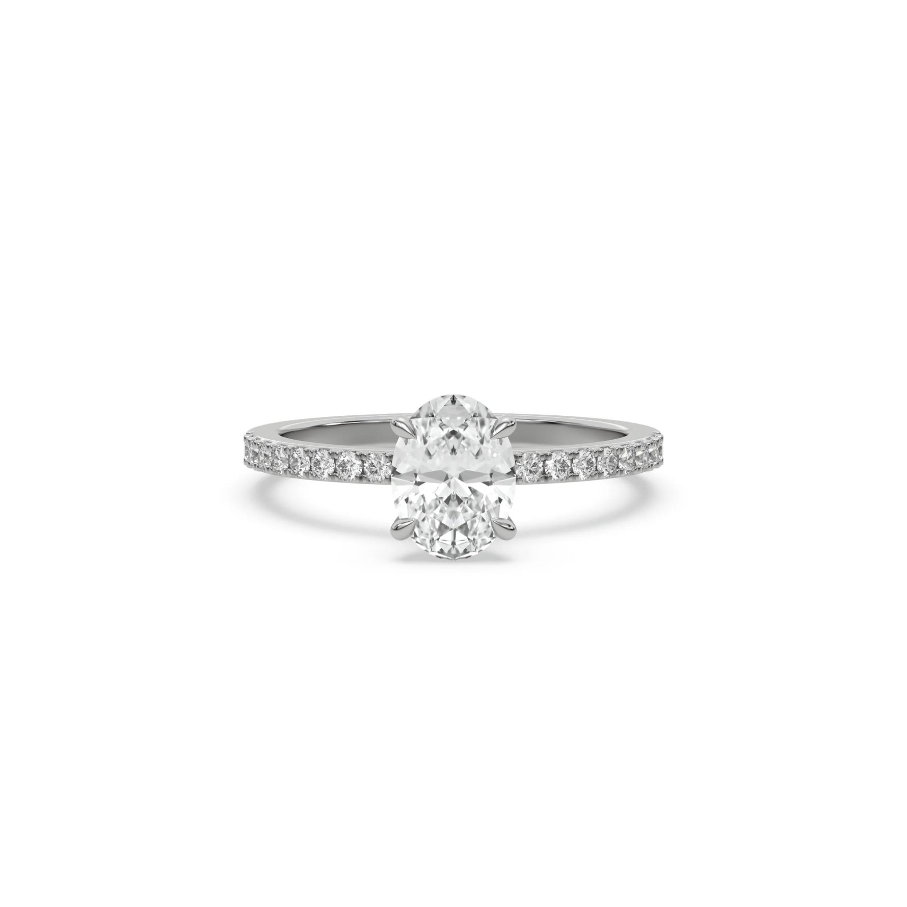 This white gold ring displayed in front view is made with a oval solitaire diamond set in four-prong setting