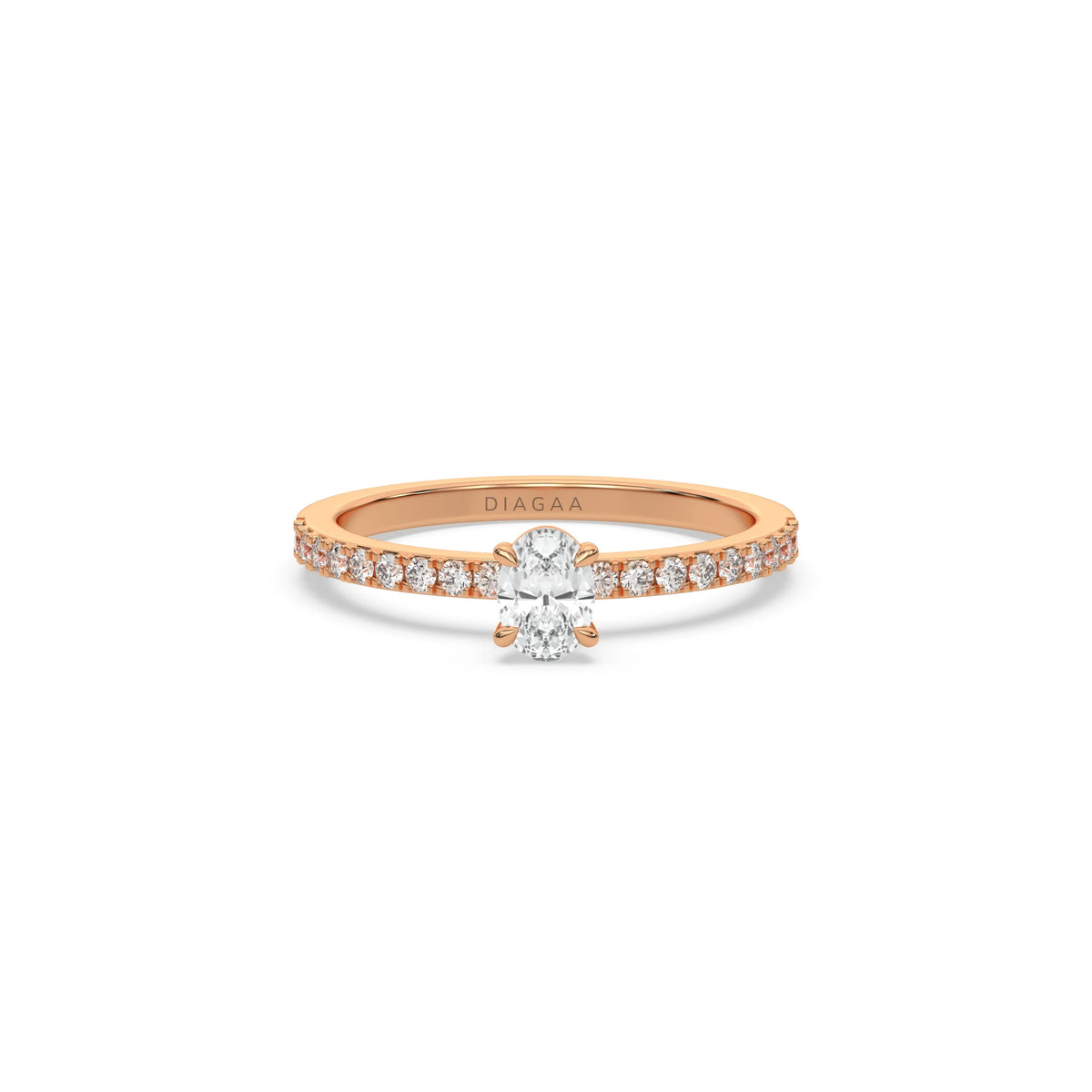 This rose gold ring displayed in front view is made with a oval solitaire diamond set in four-prong setting