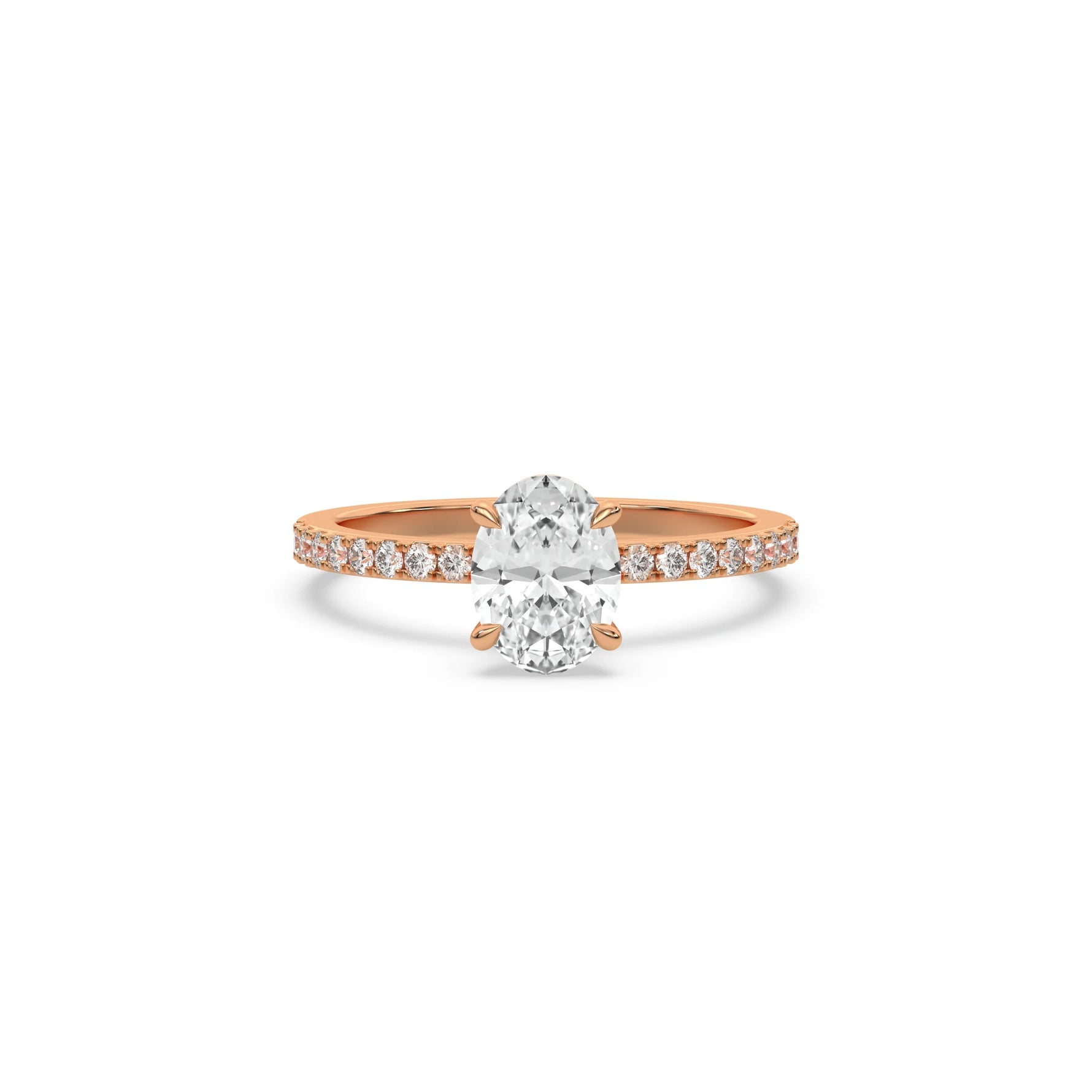 This rose gold ring displayed in front view is made with a oval solitaire diamond set in four-prong setting