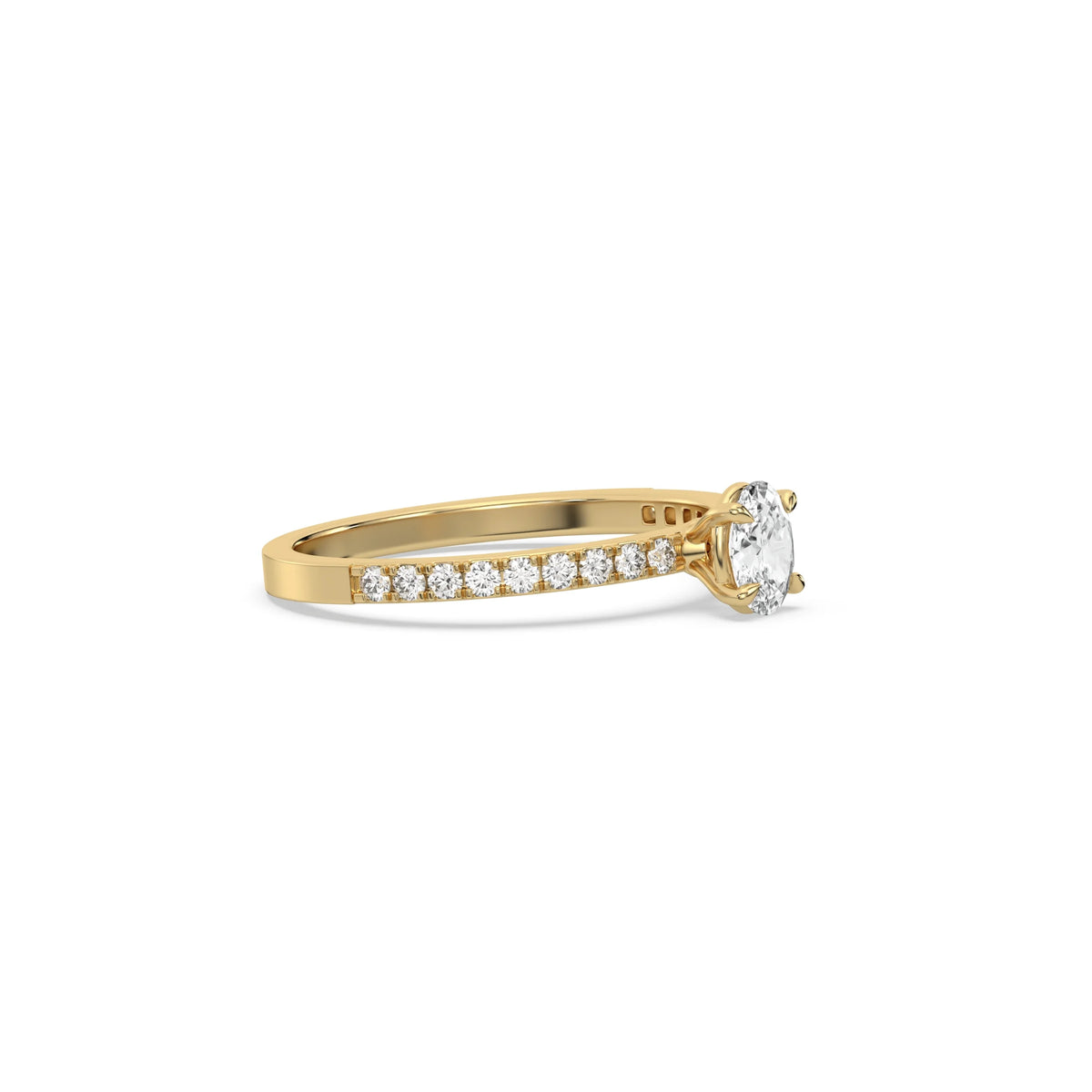 This yellow gold ring displayed in side view is made with a oval solitaire diamond set in four-prong setting