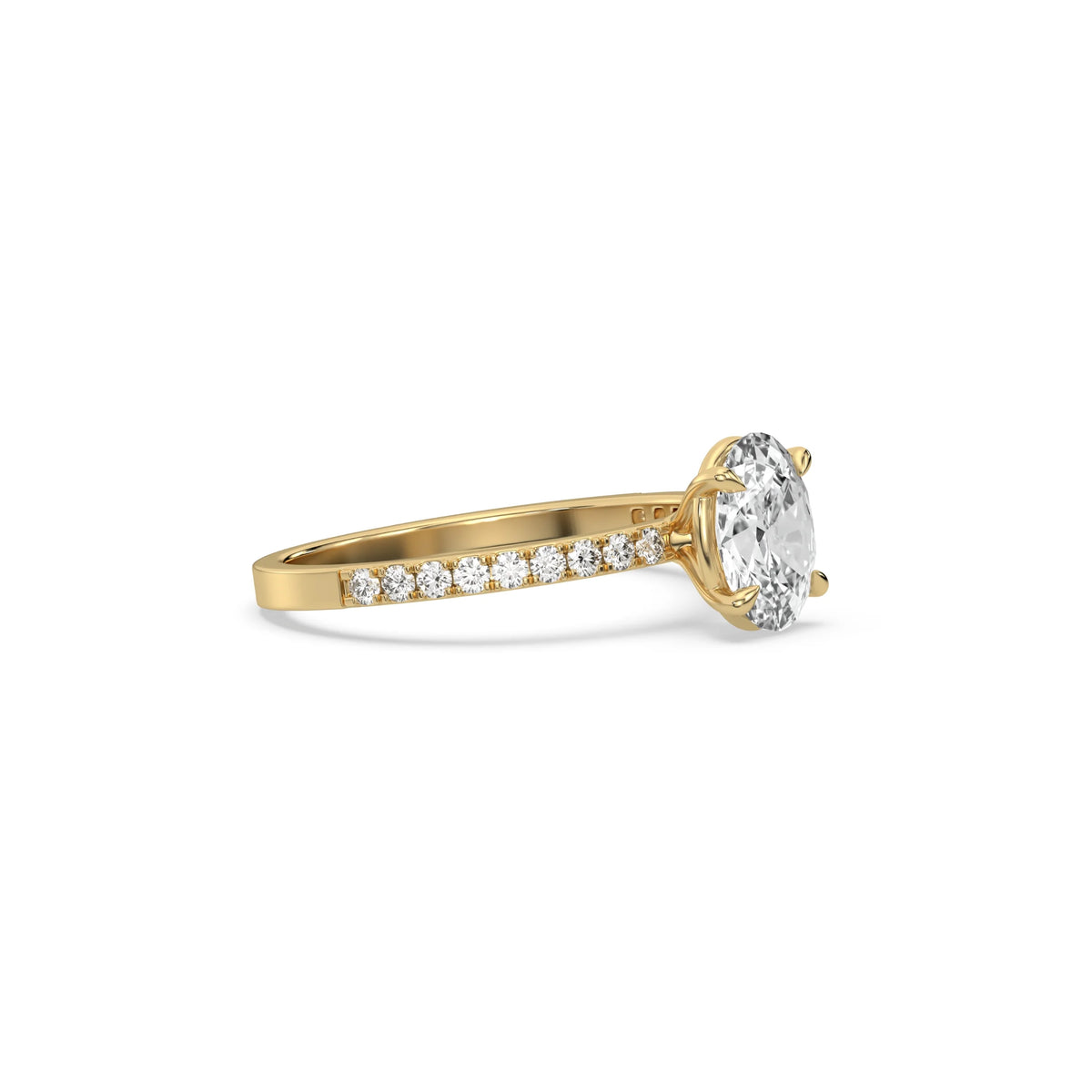 This yellow gold ring displayed in side view is made with a oval solitaire diamond set in four-prong setting