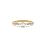 This yellow gold ring displayed in front view is made with a oval solitaire diamond set in four-prong setting