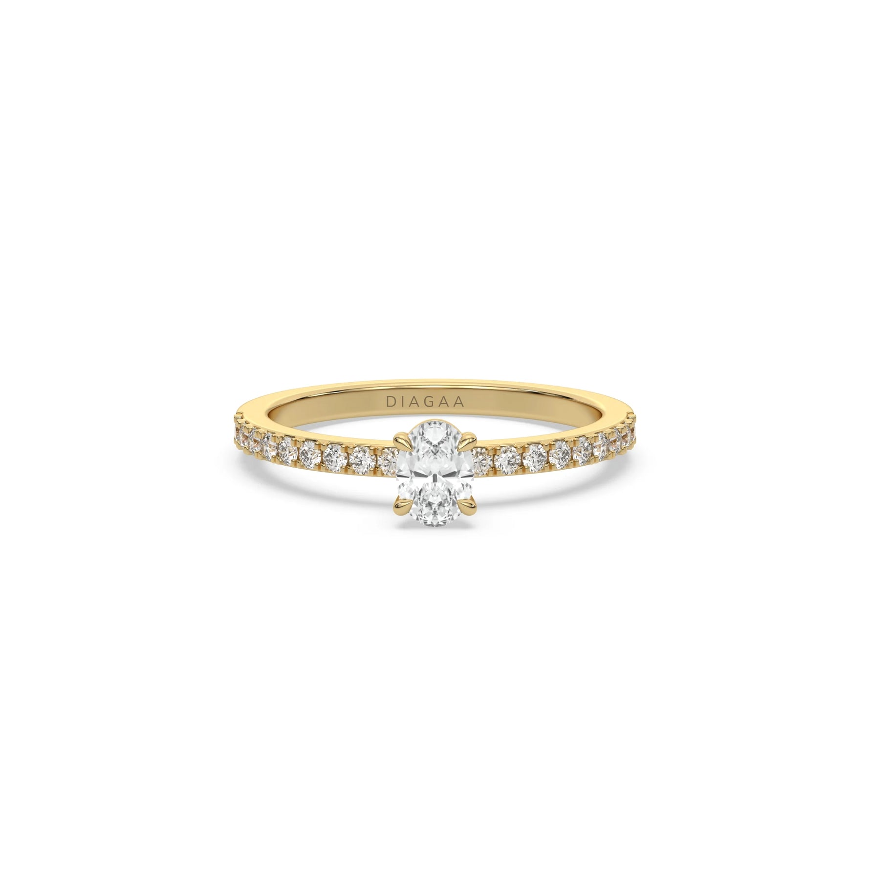 This yellow gold ring displayed in front view is made with a oval solitaire diamond set in four-prong setting