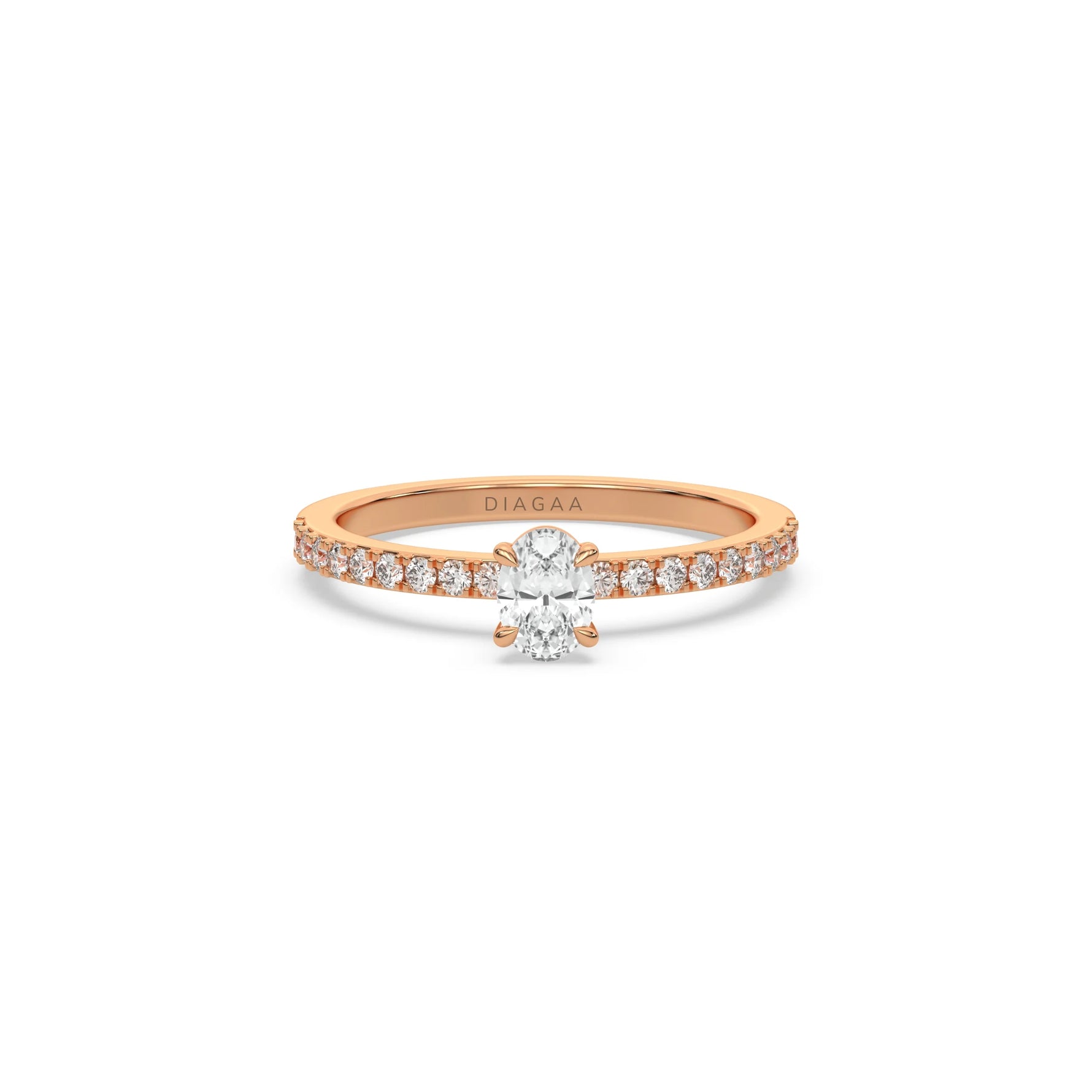 This rose gold ring displayed in front view is made with a oval solitaire diamond set in four-prong setting