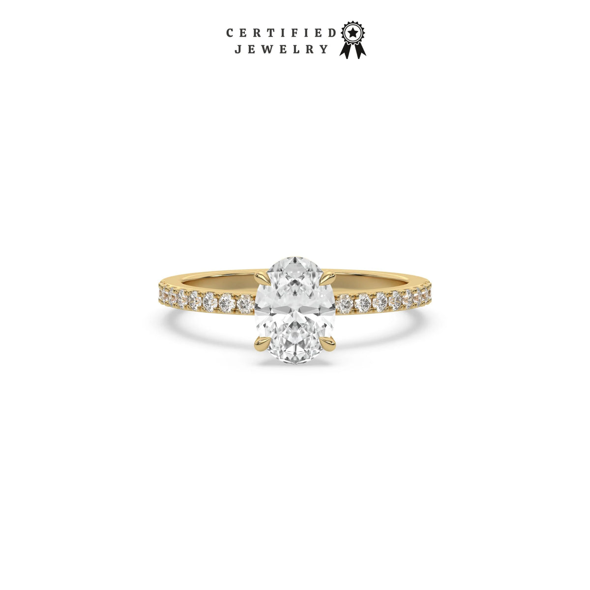 This yellow gold ring displayed in front view is made with a oval solitaire diamond set in four-prong setting