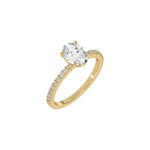 This yellow gold ring is made with an oval solitaire diamond set in four-prong setting, and is complemented by a round pave diamonds band in 3D view