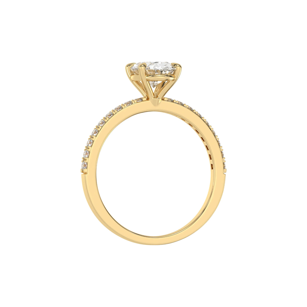 This yellow gold ring is made with an oval solitaire diamond set in four-prong setting, and is complemented by a round pave diamonds band in through finger view