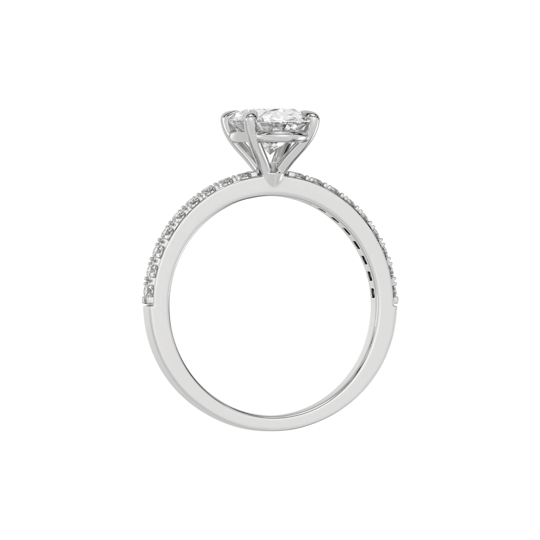 This white gold ring is made with an oval solitaire diamond set in four-prong setting, and is complemented by a round pave diamonds band in through finger view