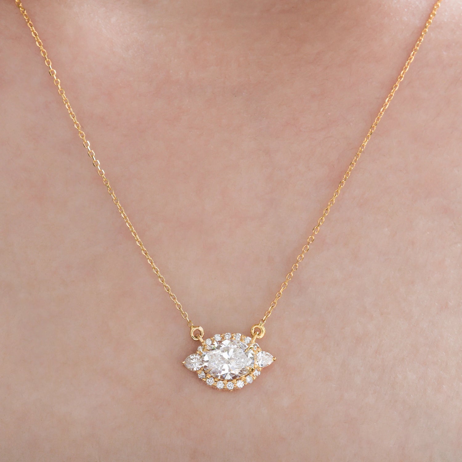 14K Yellow Gold Oval and Pear Diamond Cluster Pendant