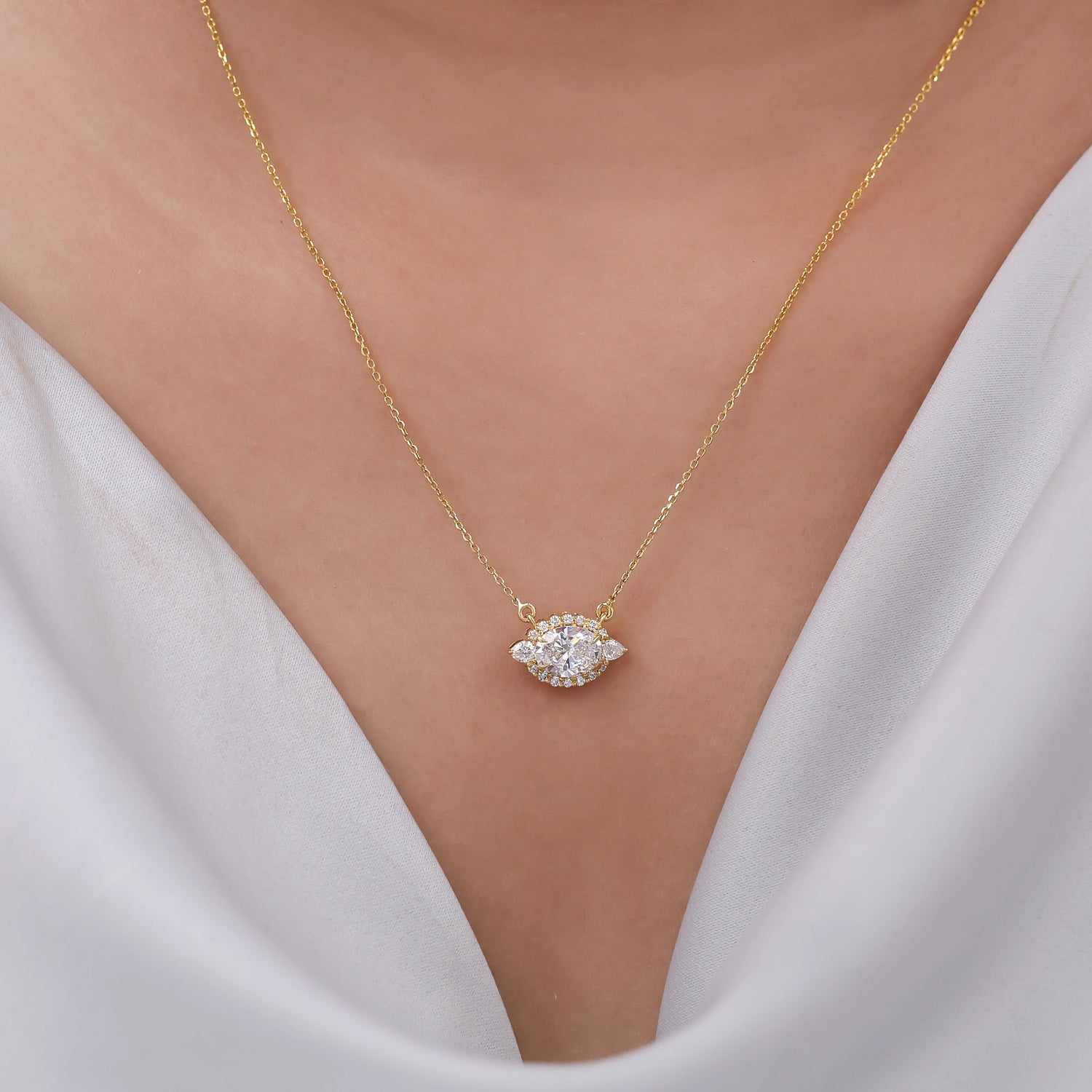 1.70 CT Natural Diamond Oval Halo Necklace