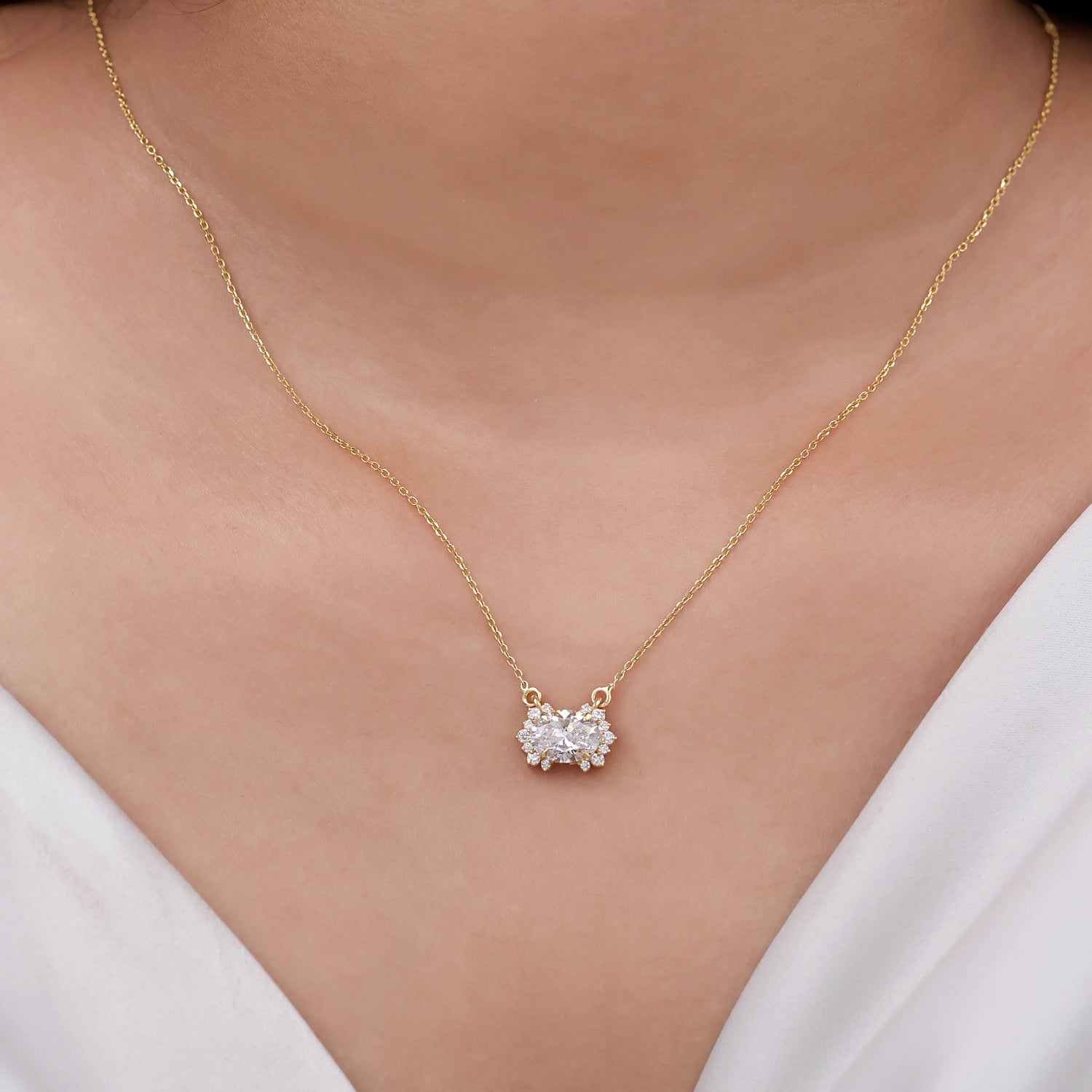 1.30 CT Oval Natural Diamond Halo Necklace