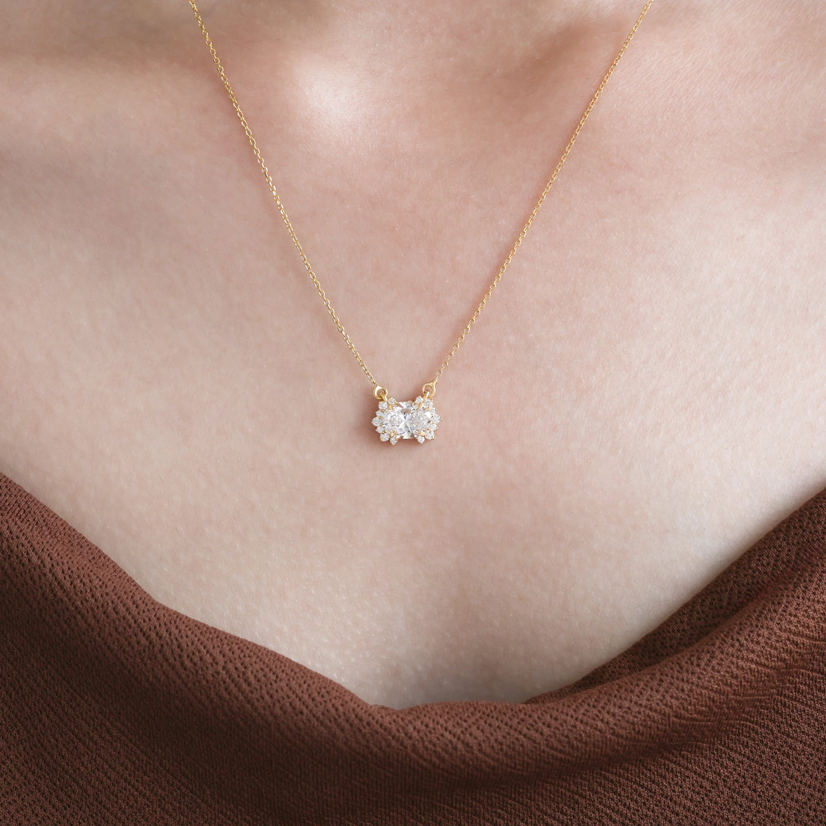 14K Yellow Gold Oval and Round Diamond Twin Sparkle Pendant