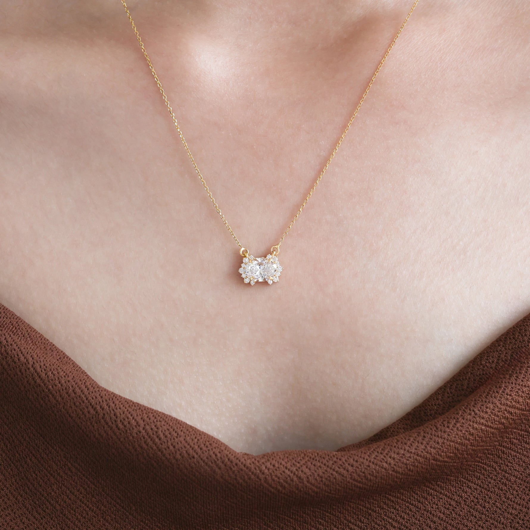 14K Yellow Gold Oval and Round Diamond Twin Sparkle Pendant