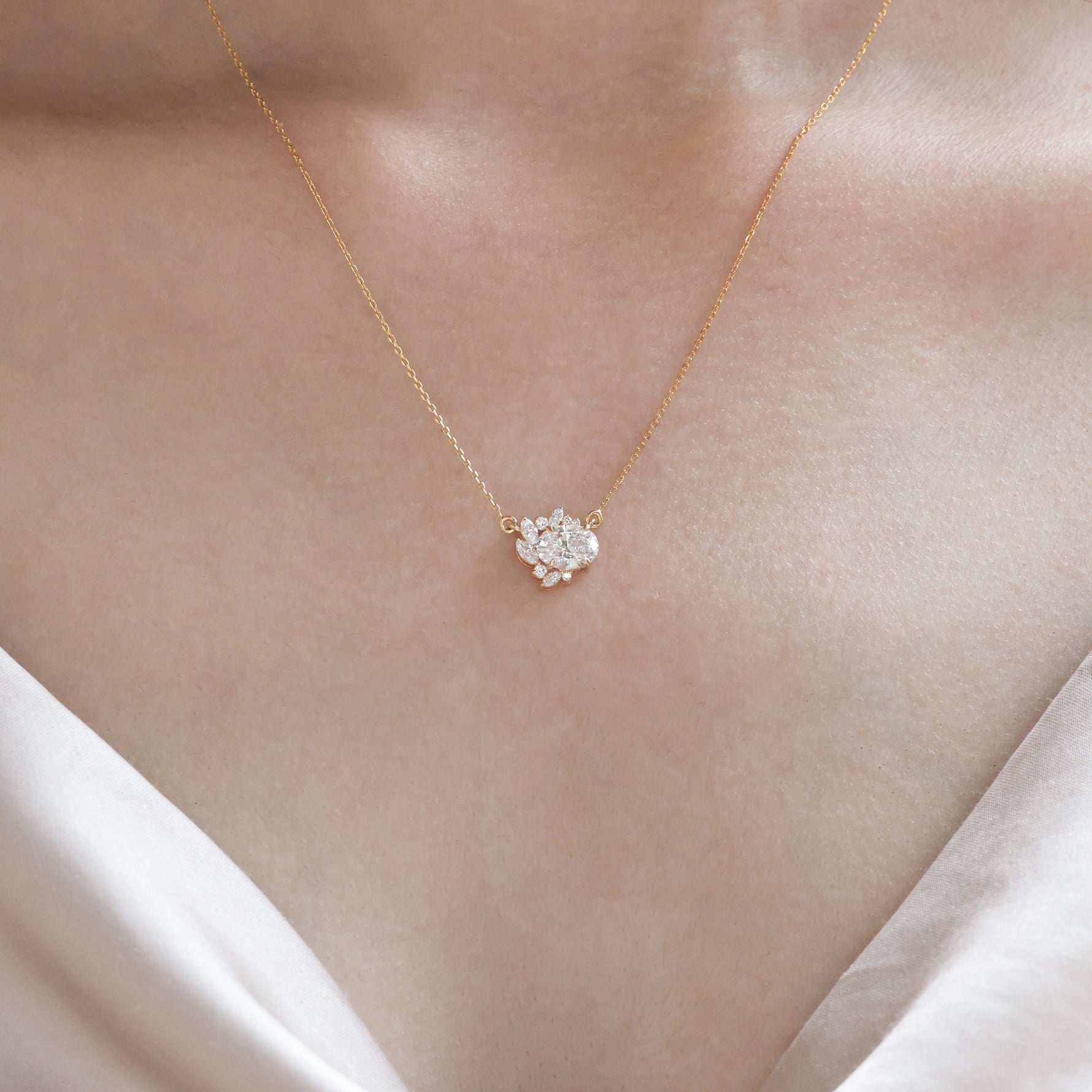 Oval and Marquise Diamond Cluster Necklace 