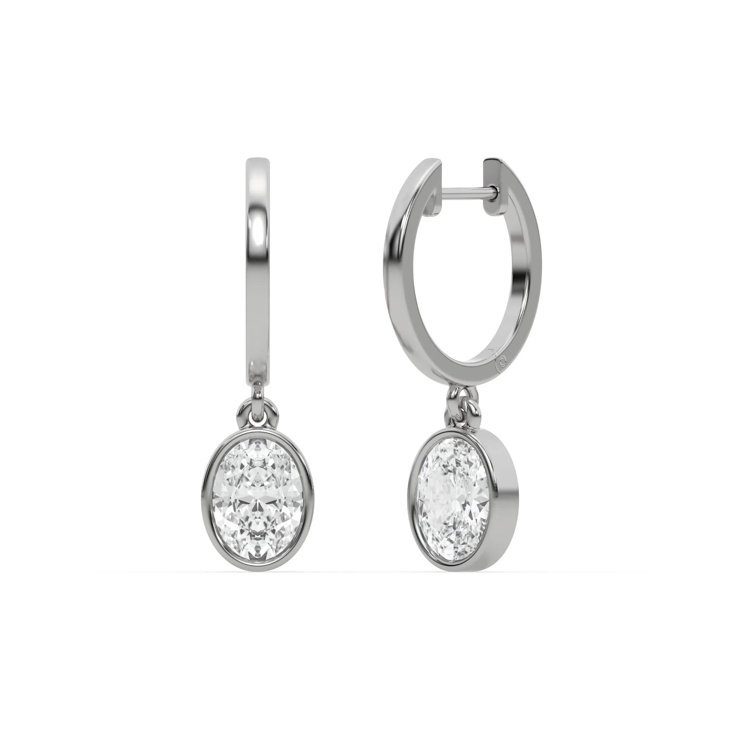 14k white gold natural oval cut diamond dangling hoop earrings in bezel setting