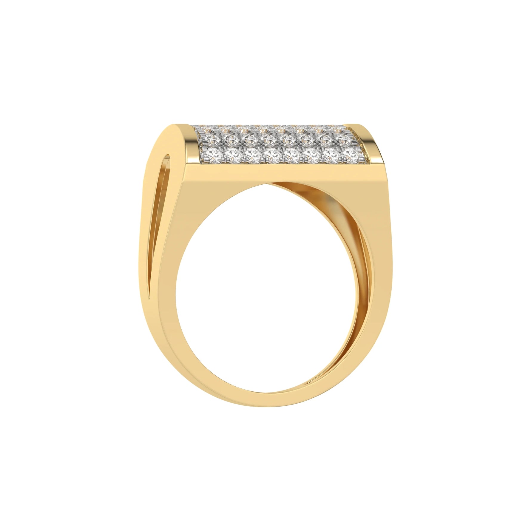 This yellow gold Cluster diamond ring, adorned with round brilliant-cut diamonds elegantly set in a pave setting in through finger view