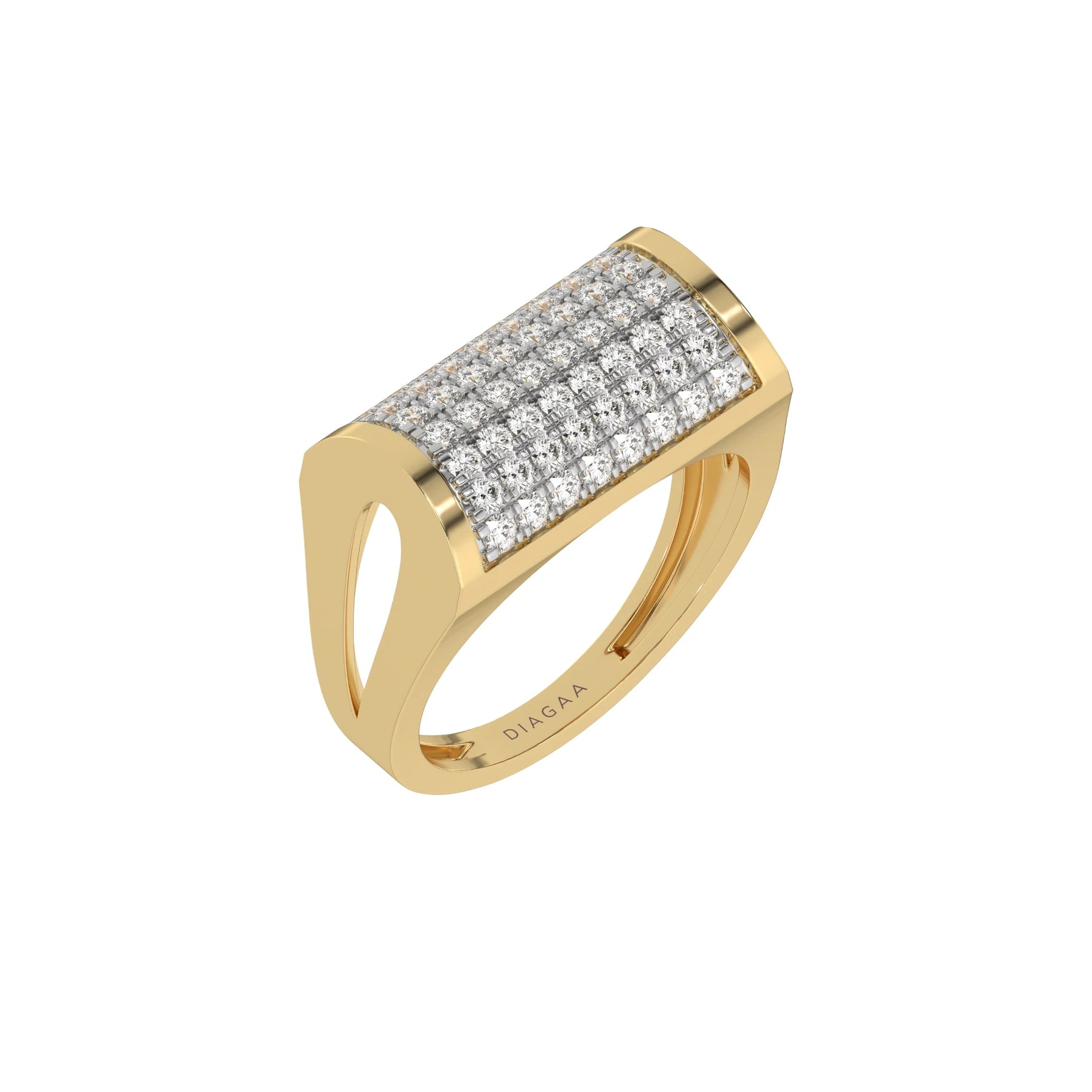 This yellow gold Cluster diamond ring, adorned with round brilliant-cut diamonds elegantly set in a pave setting in 3d view