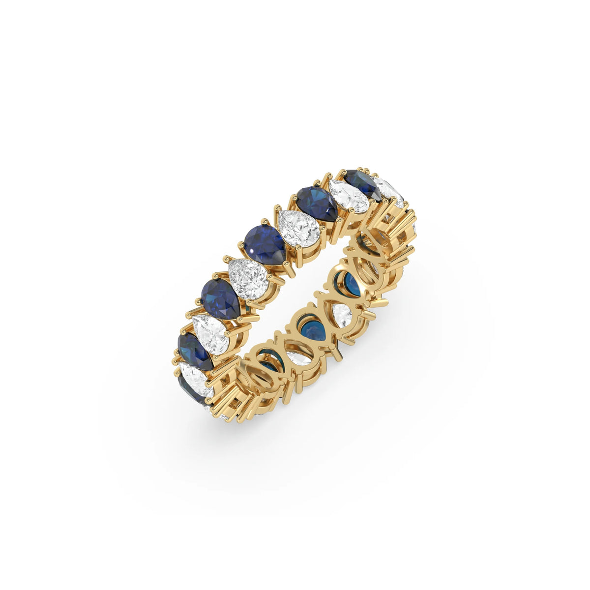 14K Yellow Gold Pear Diamond and Sapphire Gemstone Eternity Ring