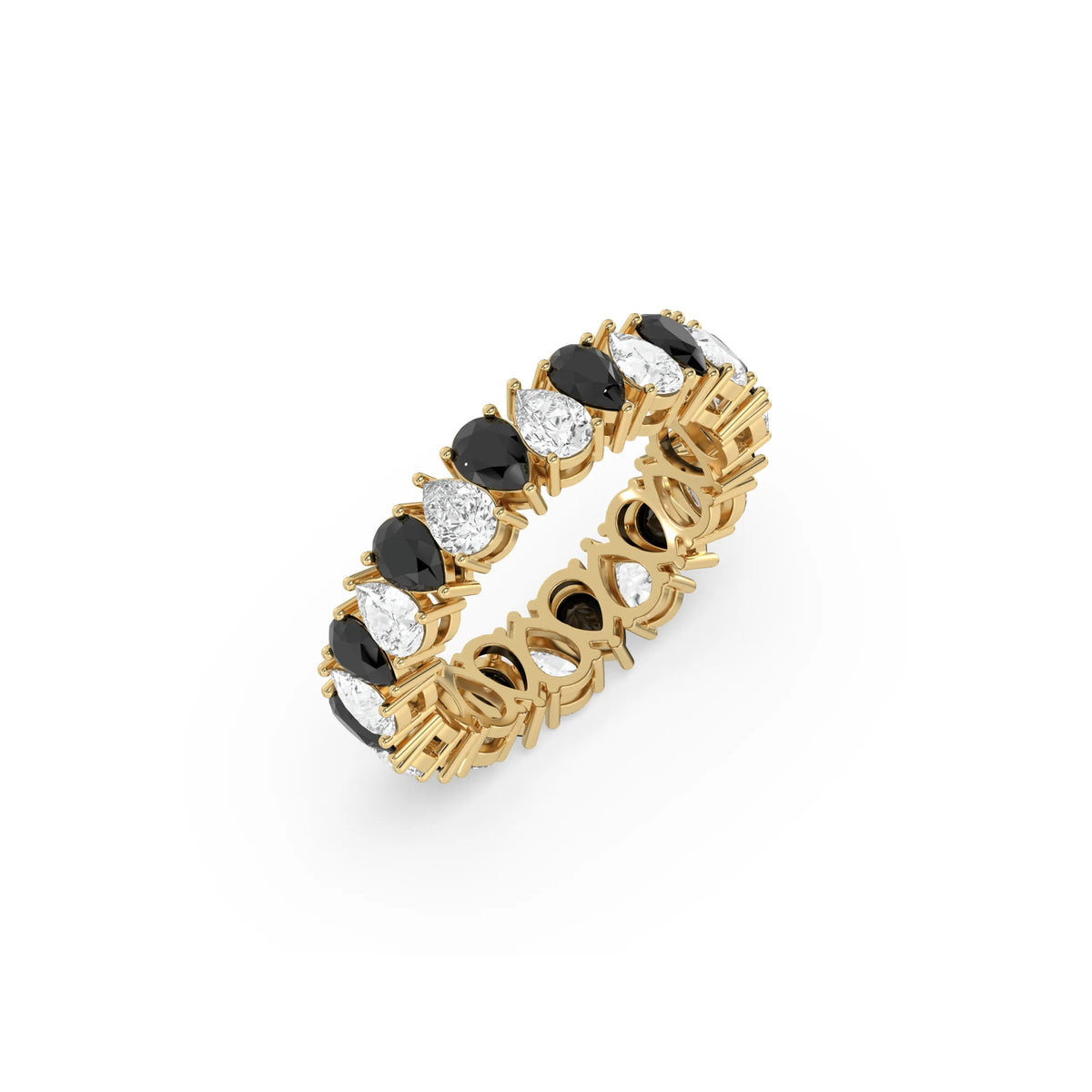 14K Yellow Gold Pear Black and White Diamond Eternity Ring